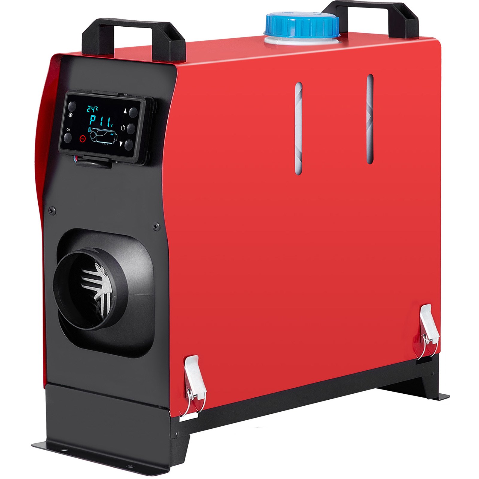 VEVOR diesel air heater in red with digital display and blue cap.