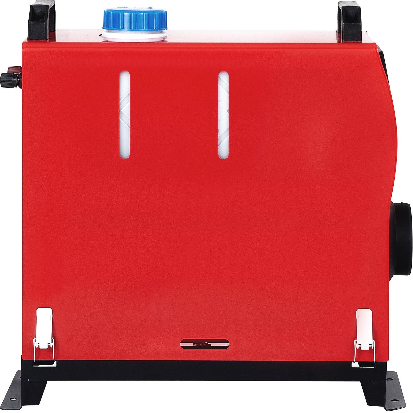 red VEVOR diesel air heater with blue cap and black fittings on the side.