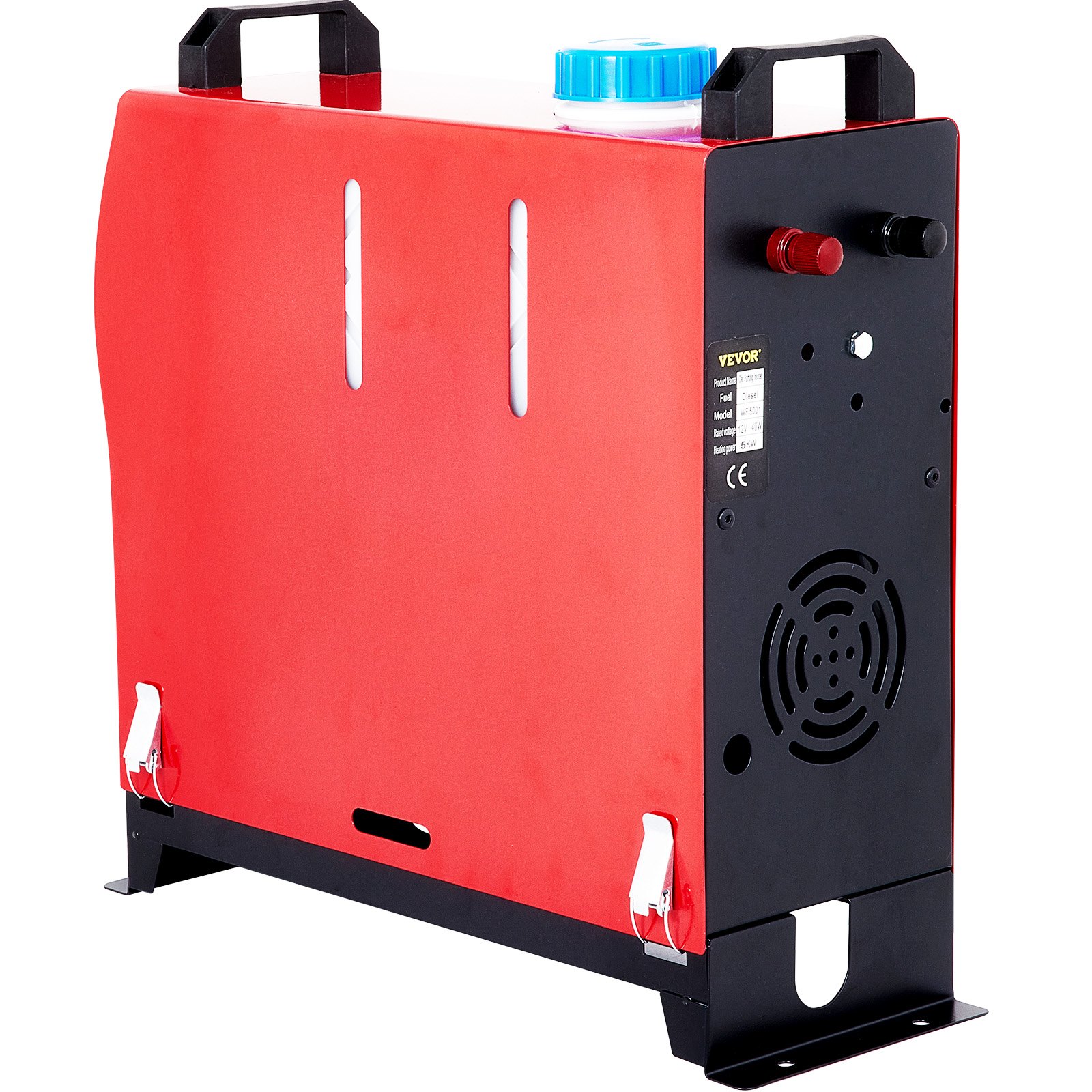 red VEVOR diesel air heater with blue cap and dual carrying handles.