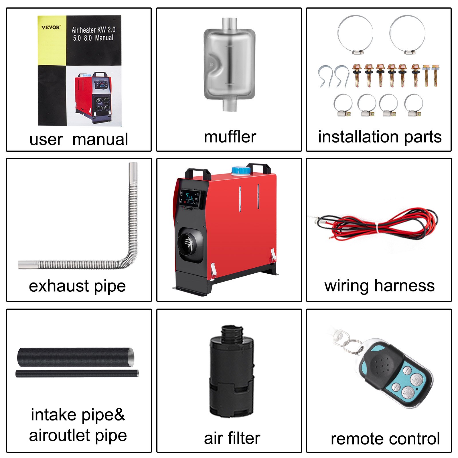 VEVOR diesel air heater components: user manual, muffler, parts, exhaust pipe, remote.