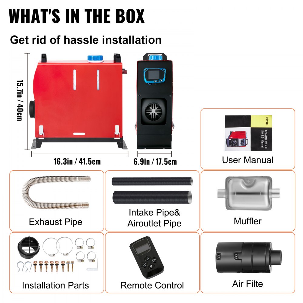 VEVOR diesel air heater package with parts, pipes, remote control, and user manual.