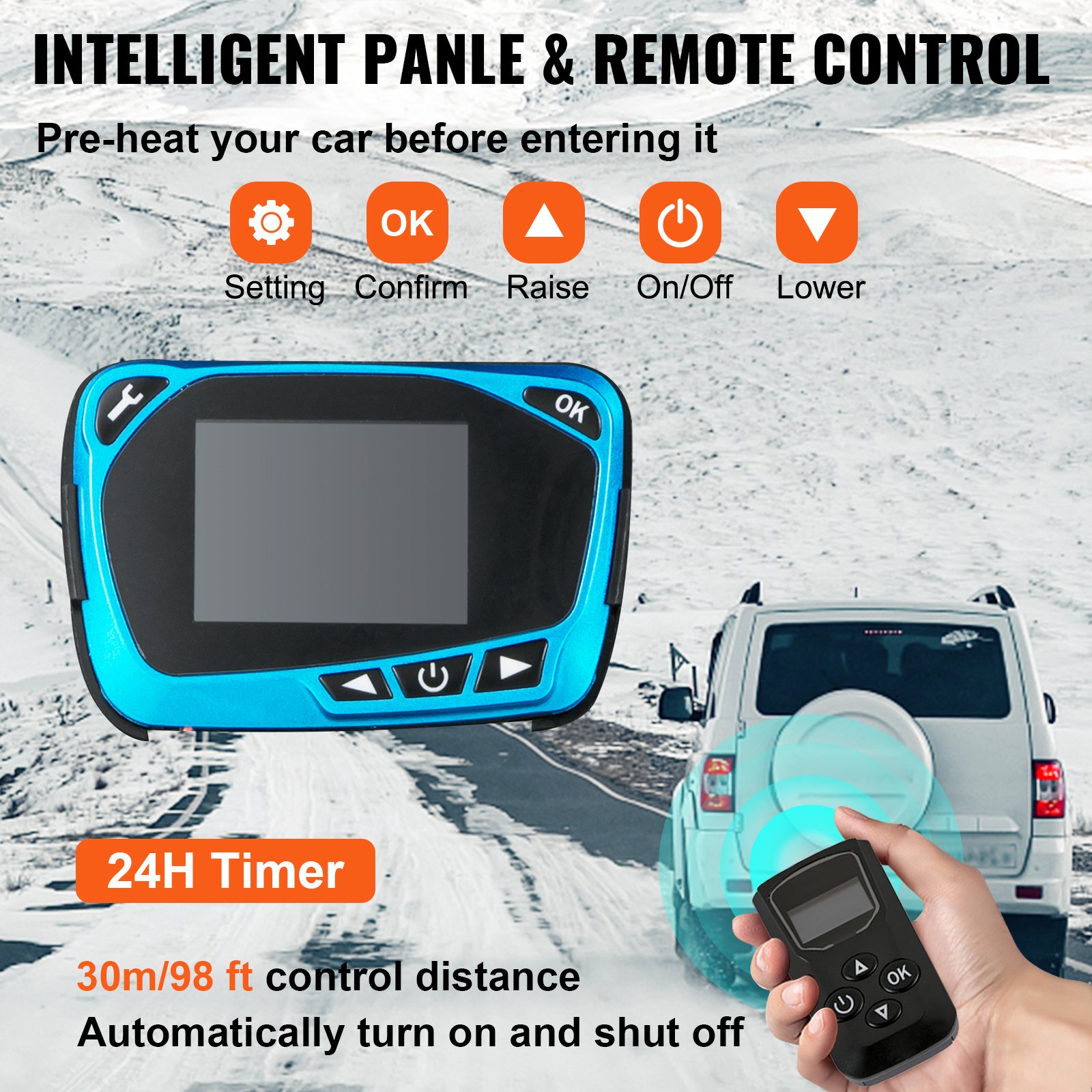 VEVOR diesel air heater control panel and remote for pre-heating your car in winter.