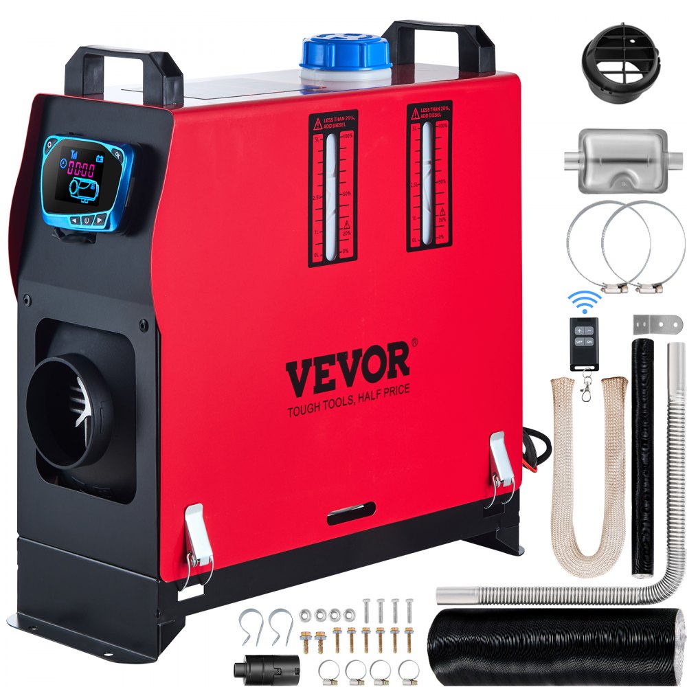 red VEVOR diesel air heater with lcd display and various installation accessories.