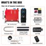 VEVOR diesel air heater components: heater, installation parts, user manual, exhaust pipe, muffler.