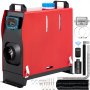 red VEVOR diesel air heater with lcd display and various installation accessories.