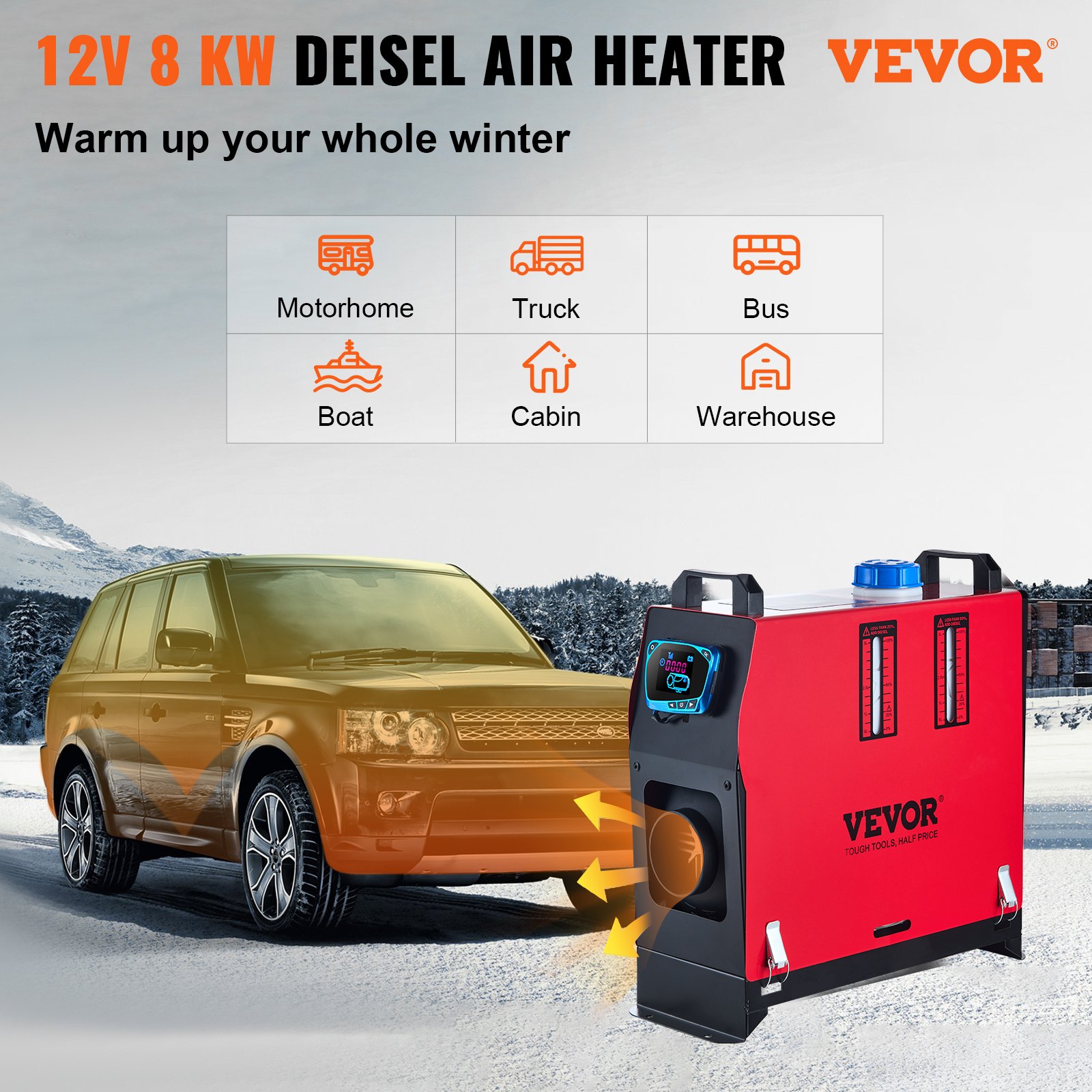 VEVOR Upgraded Diesel Heater 8KW Diesel Fuel Heater 12V All in One Diesel Air Heater with LCD Switch, Remote Control, Silencer, Single Air Outlet for Car Trucks Motor-Home Boat Bus CAN