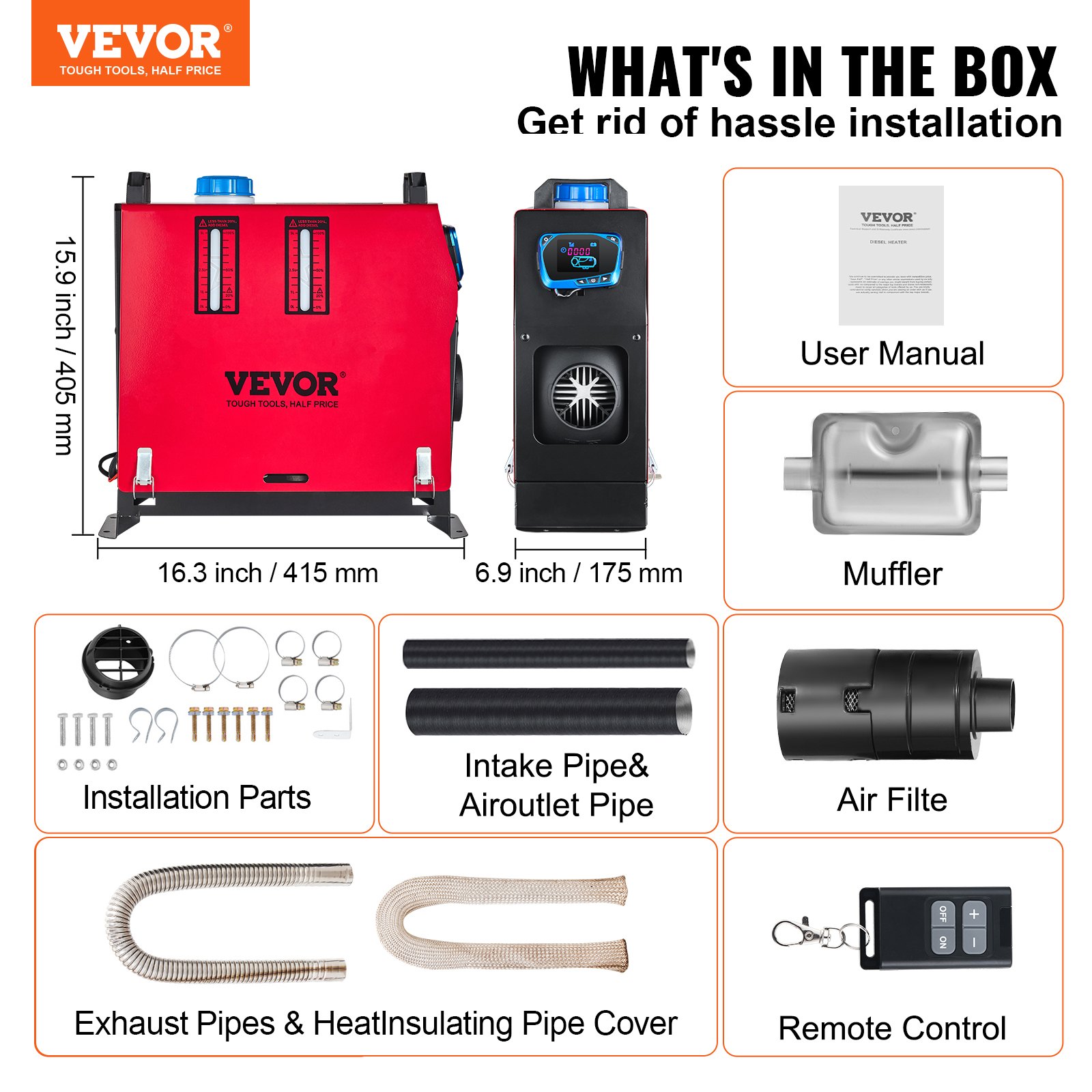 VEVOR Upgraded Diesel Heater 8KW Diesel Fuel Heater 12V All in One Diesel Air Heater with LCD Switch, Remote Control, Silencer, Single Air Outlet for Car Trucks Motor-Home Boat Bus CAN