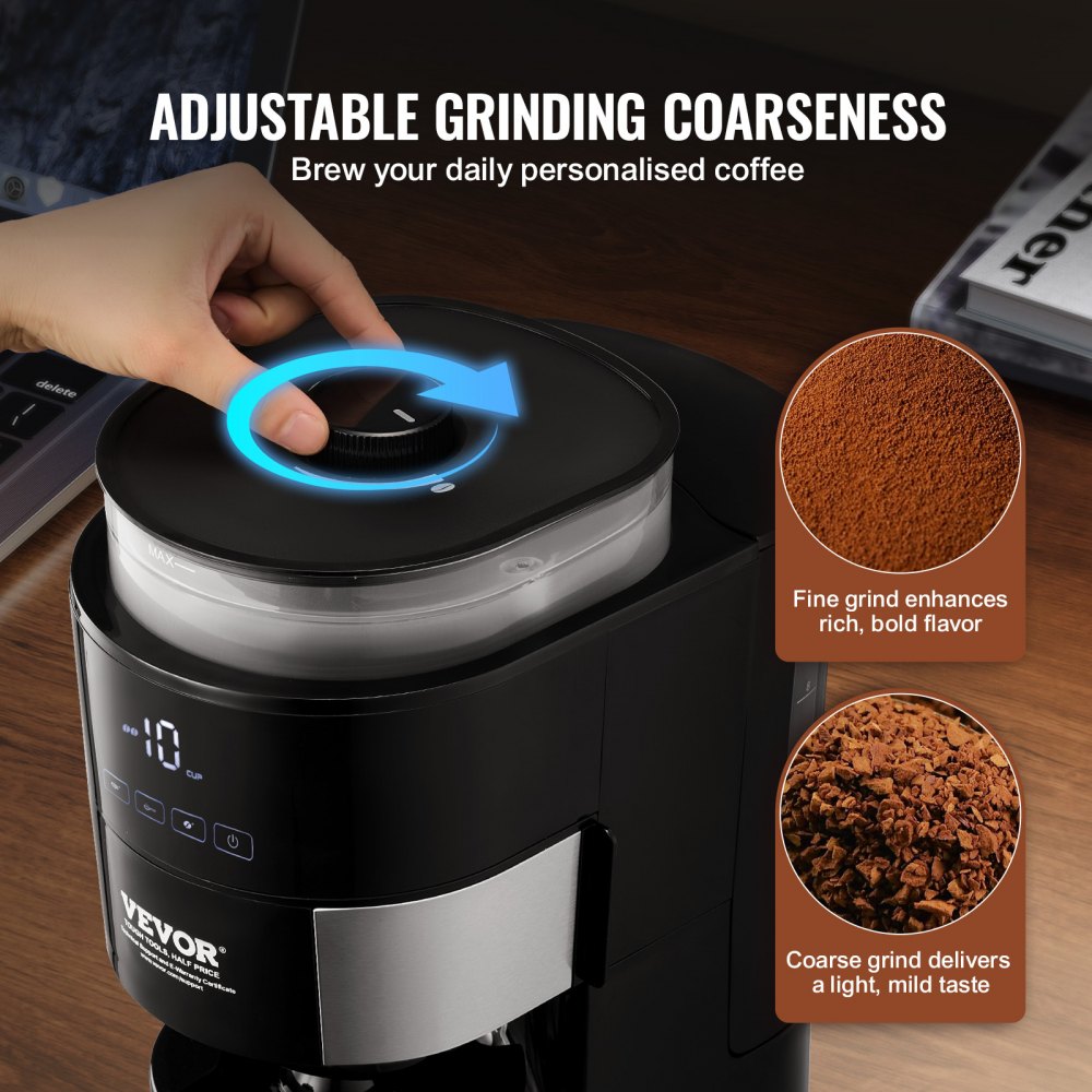 VEVOR Coffee Maker with Grinder, 10 Cup Coffee Machine, Grind and Brew Coffee Maker with 3 Brew Strength Control, Drip Coffee Maker with Adjustable Grinding Coarseness, for Home Office Restaurant