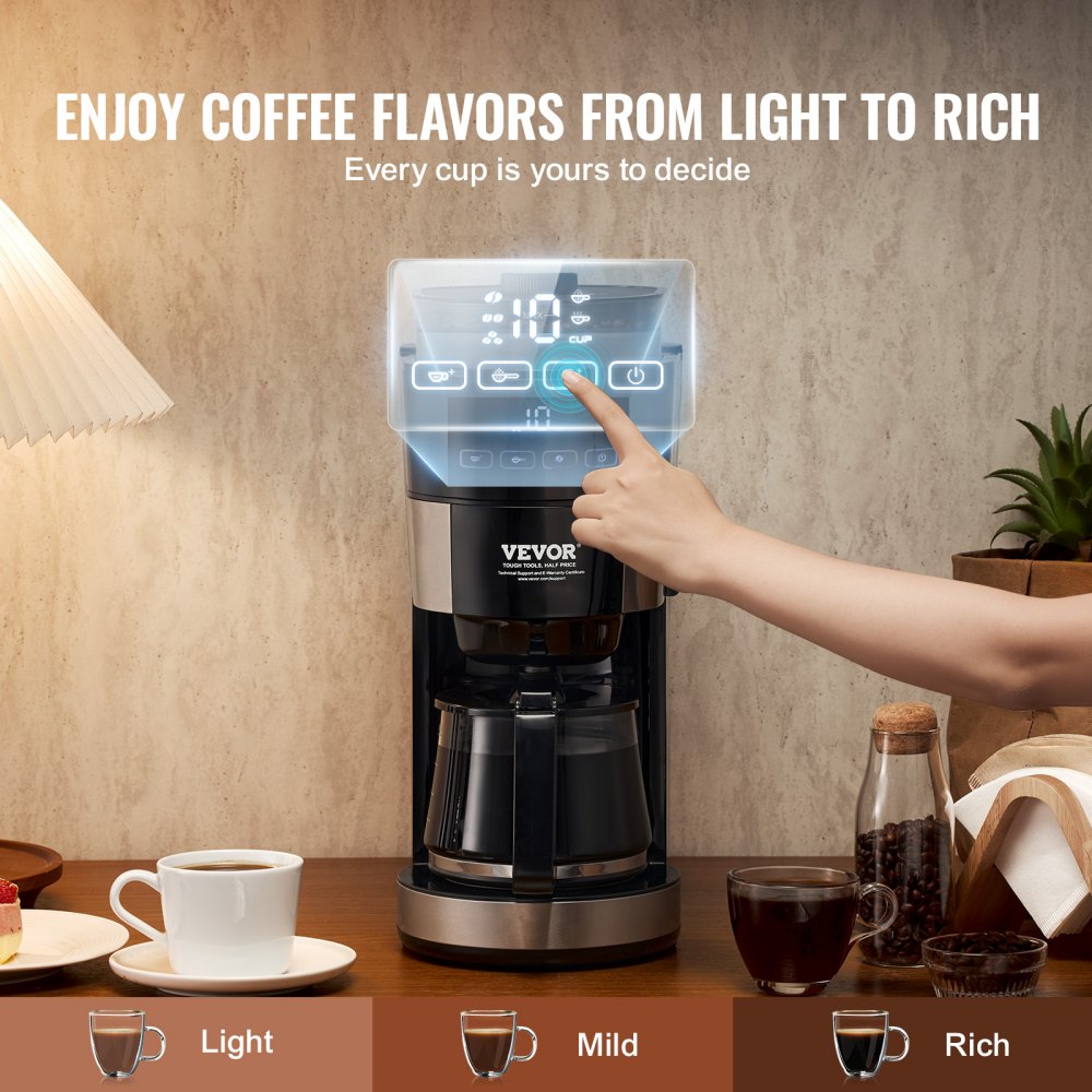 VEVOR Coffee Maker with Grinder, 10 Cup Coffee Machine, Grind and Brew Coffee Maker with 3 Brew Strength Control, Drip Coffee Maker with Adjustable Grinding Coarseness, for Home Office Restaurant