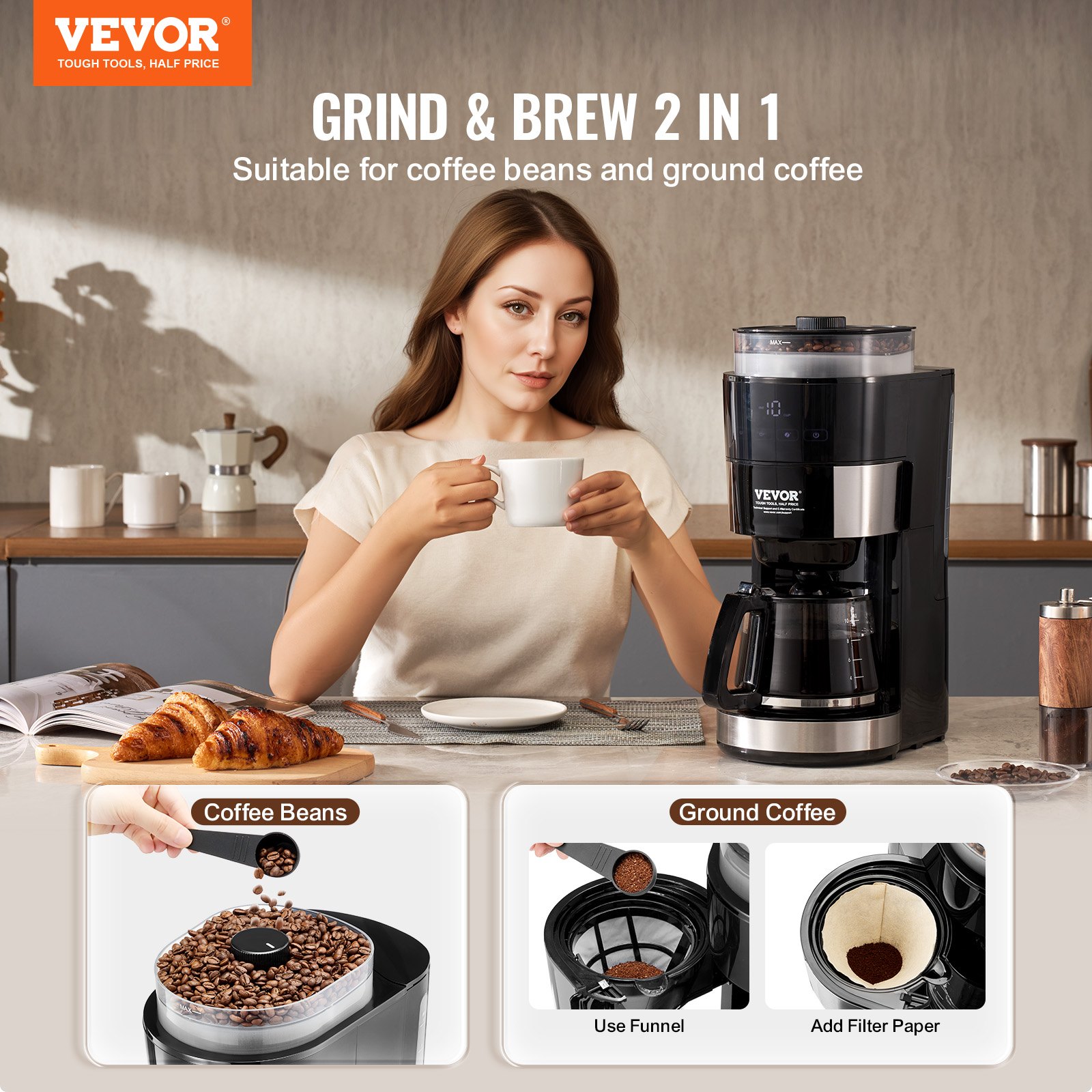 VEVOR Coffee Maker with Grinder, 10 Cup Coffee Machine, Grind and Brew Coffee Maker with 3 Brew Strength Control, Drip Coffee Maker with Adjustable Grinding Coarseness, for Home Office Restaurant