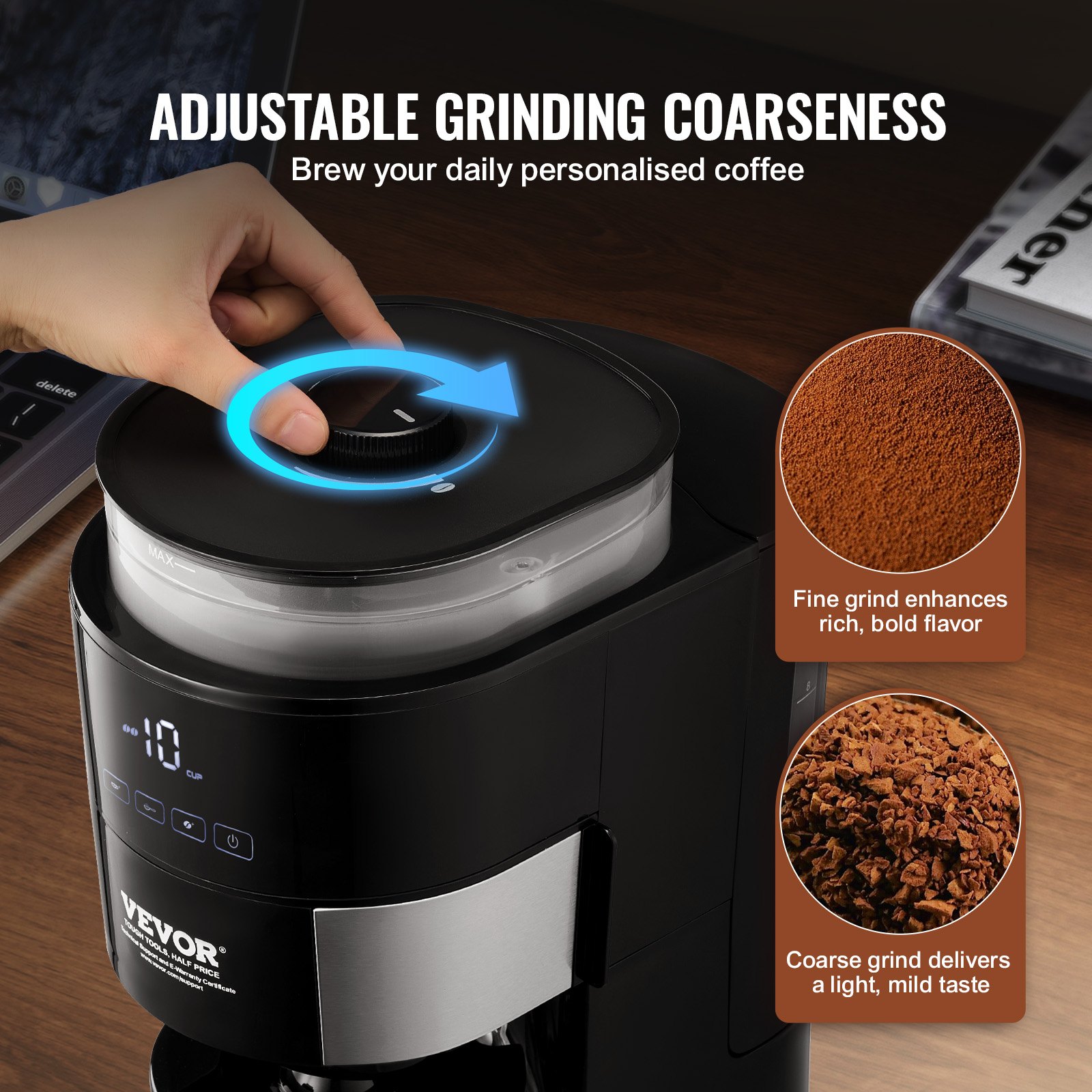 VEVOR Coffee Maker with Grinder, 10 Cup Coffee Machine, Grind and Brew Coffee Maker with 3 Brew Strength Control, Drip Coffee Maker with Adjustable Grinding Coarseness, for Home Office Restaurant