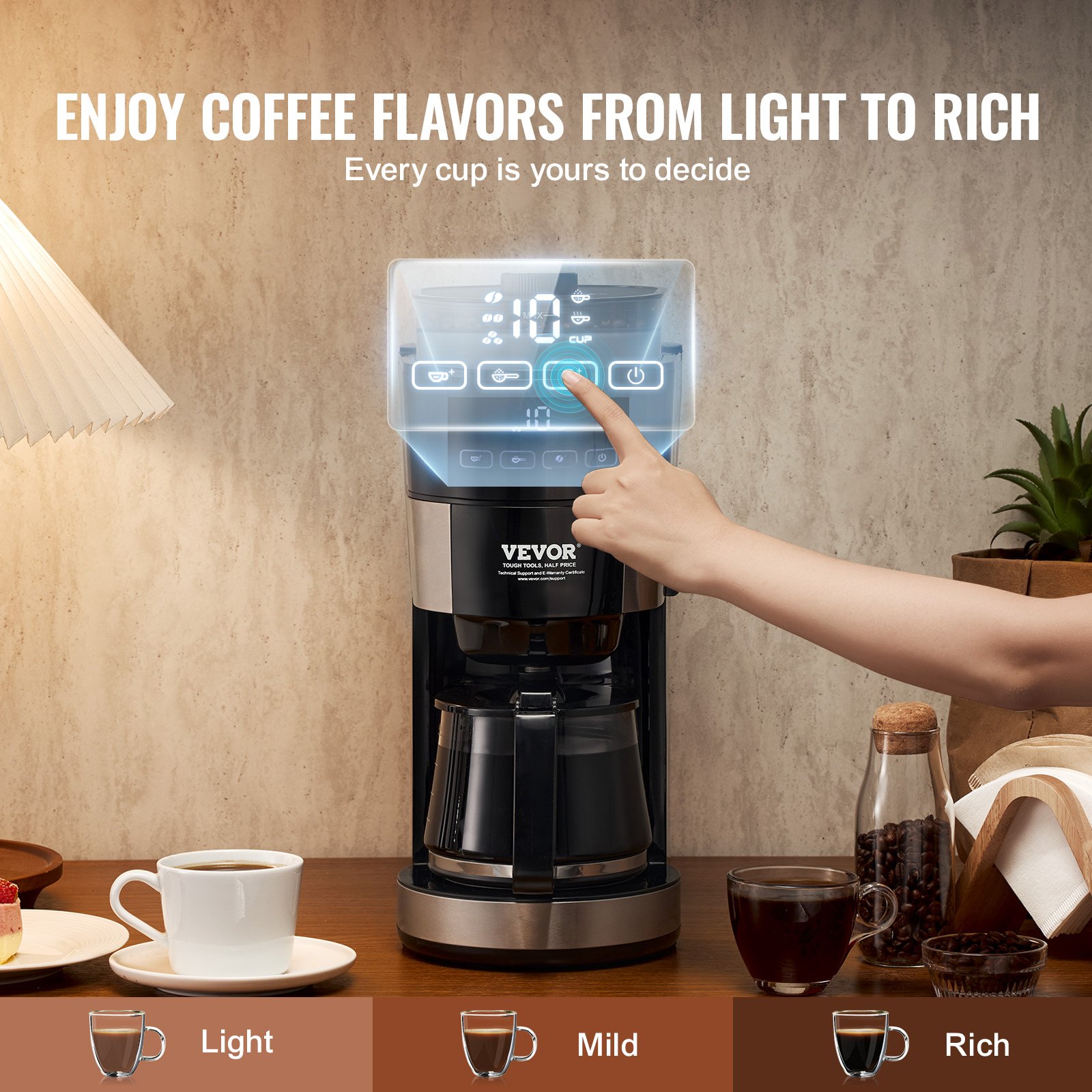 VEVOR Coffee Maker with Grinder, 10 Cup Coffee Machine, Grind and Brew Coffee Maker with 3 Brew Strength Control, Drip Coffee Maker with Adjustable Grinding Coarseness, for Home Office Restaurant