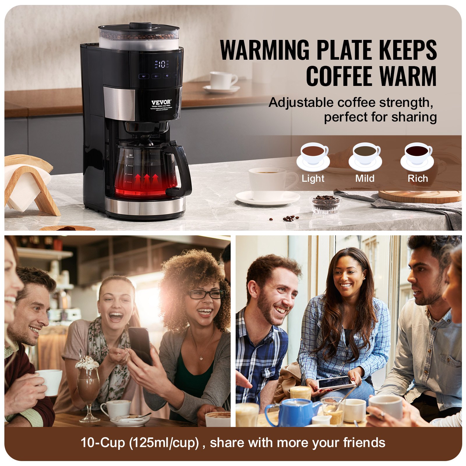 VEVOR Coffee Maker with Grinder, 10 Cup Coffee Machine, Grind and Brew Coffee Maker with 3 Brew Strength Control, Drip Coffee Maker with Adjustable Grinding Coarseness, for Home Office Restaurant