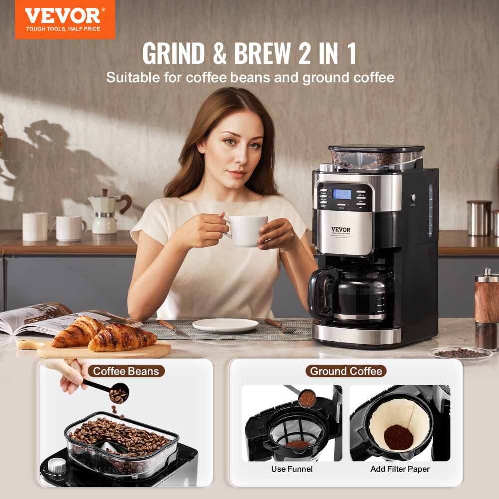 VEVOR Coffee Maker with Grinder, 12 Cup Coffee Machine, Grind and Brew Coffee Maker with 3 Brew Strength Control, 24-Hour Timer for Auto Brew, for Home Office Restaurant