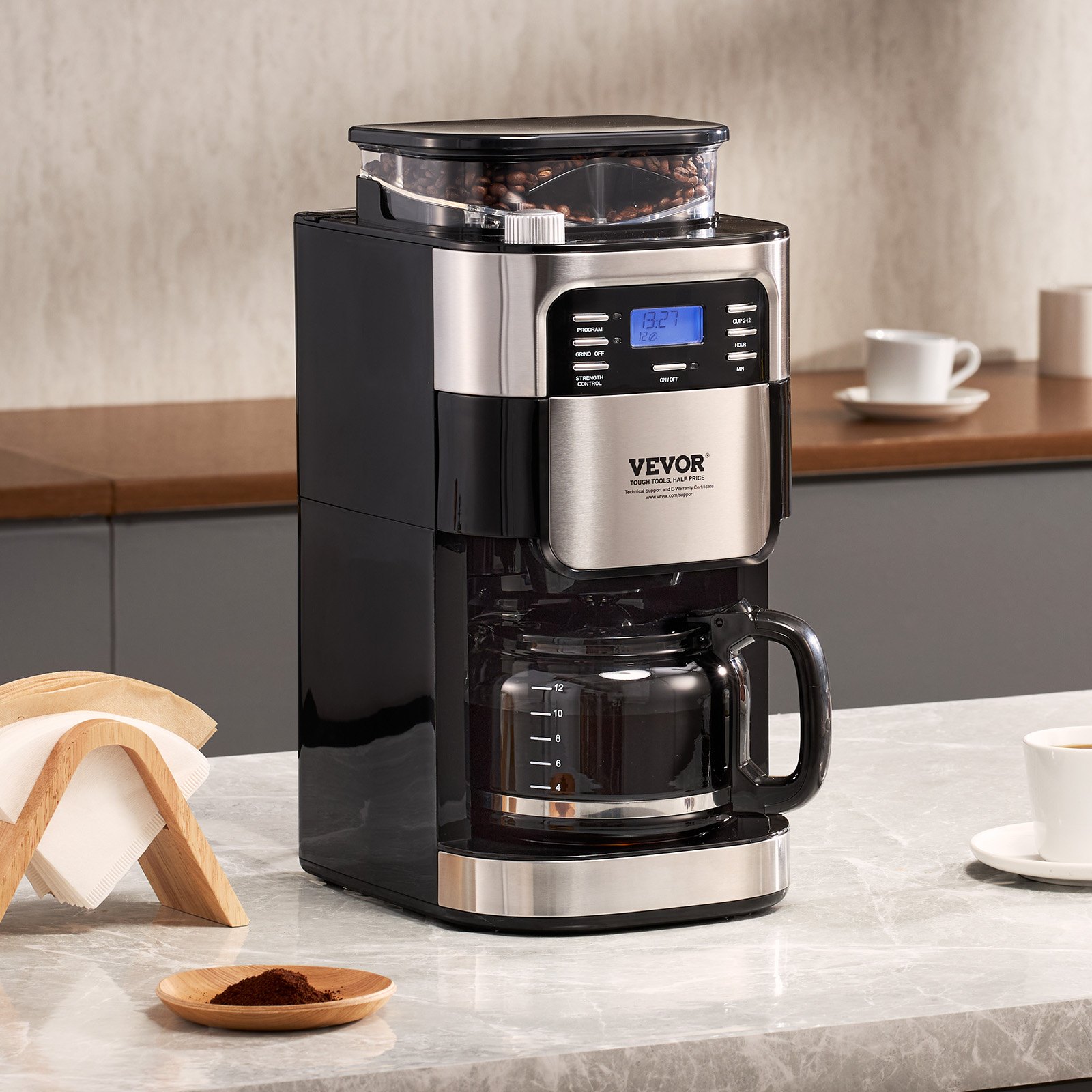 VEVOR Coffee Maker with Grinder, 12 Cup Coffee Machine, Grind and Brew Coffee Maker with 3 Brew Strength Control, 24-Hour Timer for Auto Brew, for Home Office Restaurant