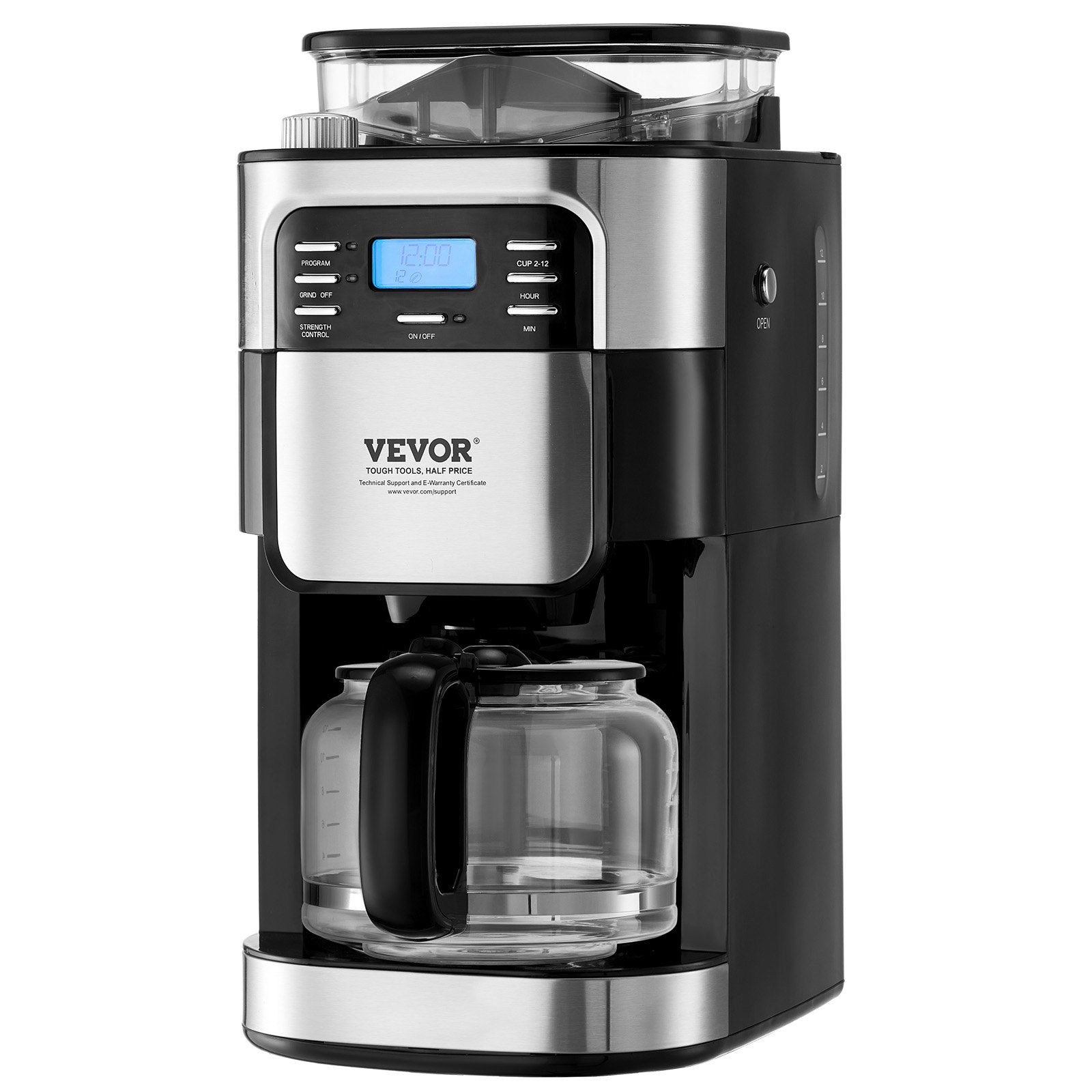 VEVOR Coffee Maker with Grinder, 12 Cup Coffee Machine, Grind and Brew Coffee Maker with 3 Brew Strength Control, 24-Hour Timer for Auto Brew, for Home Office Restaurant