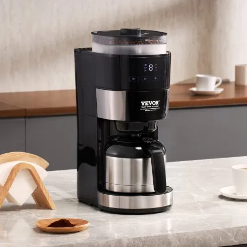 VEVOR Coffee Maker with Grinder, 8 Cup Coffee Machine, Grind and Brew Coffee Maker with 3 Brew