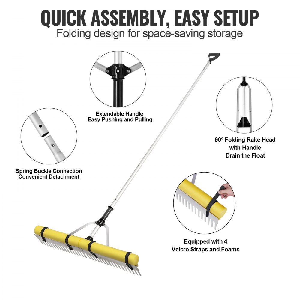 VEVOR Landscape Rake, 915mm Head Aluminum Landscape Rake, Lake Weed Rake with 2600mm Adjustable Extension Handle, Rope and Float, for Loosening Soil, Lawn Care, Weeding Lake, Garden, Pond
