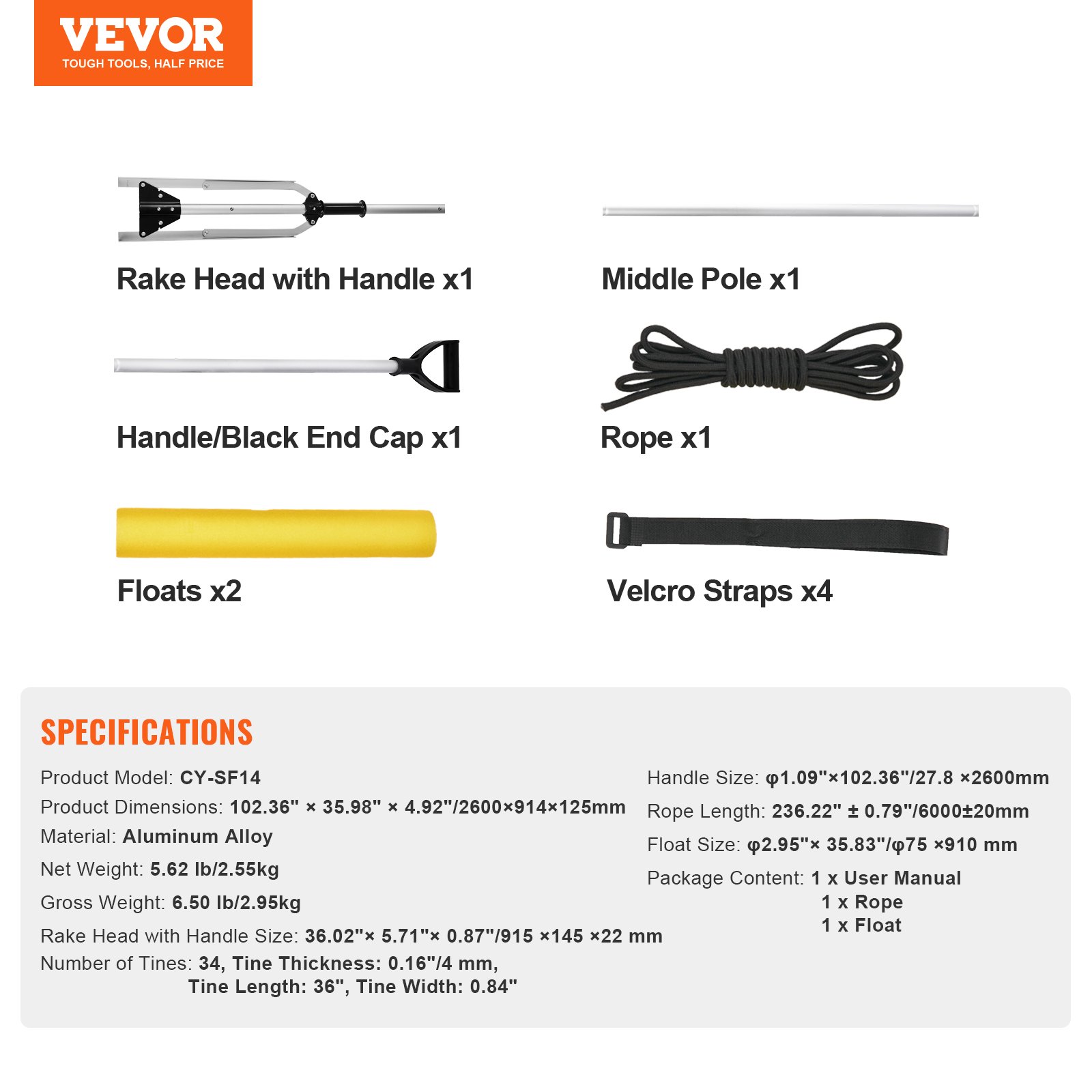 VEVOR Landscape Rake, 915mm Head Aluminum Landscape Rake, Lake Weed Rake with 2600mm Adjustable Extension Handle, Rope and Float, for Loosening Soil, Lawn Care, Weeding Lake, Garden, Pond