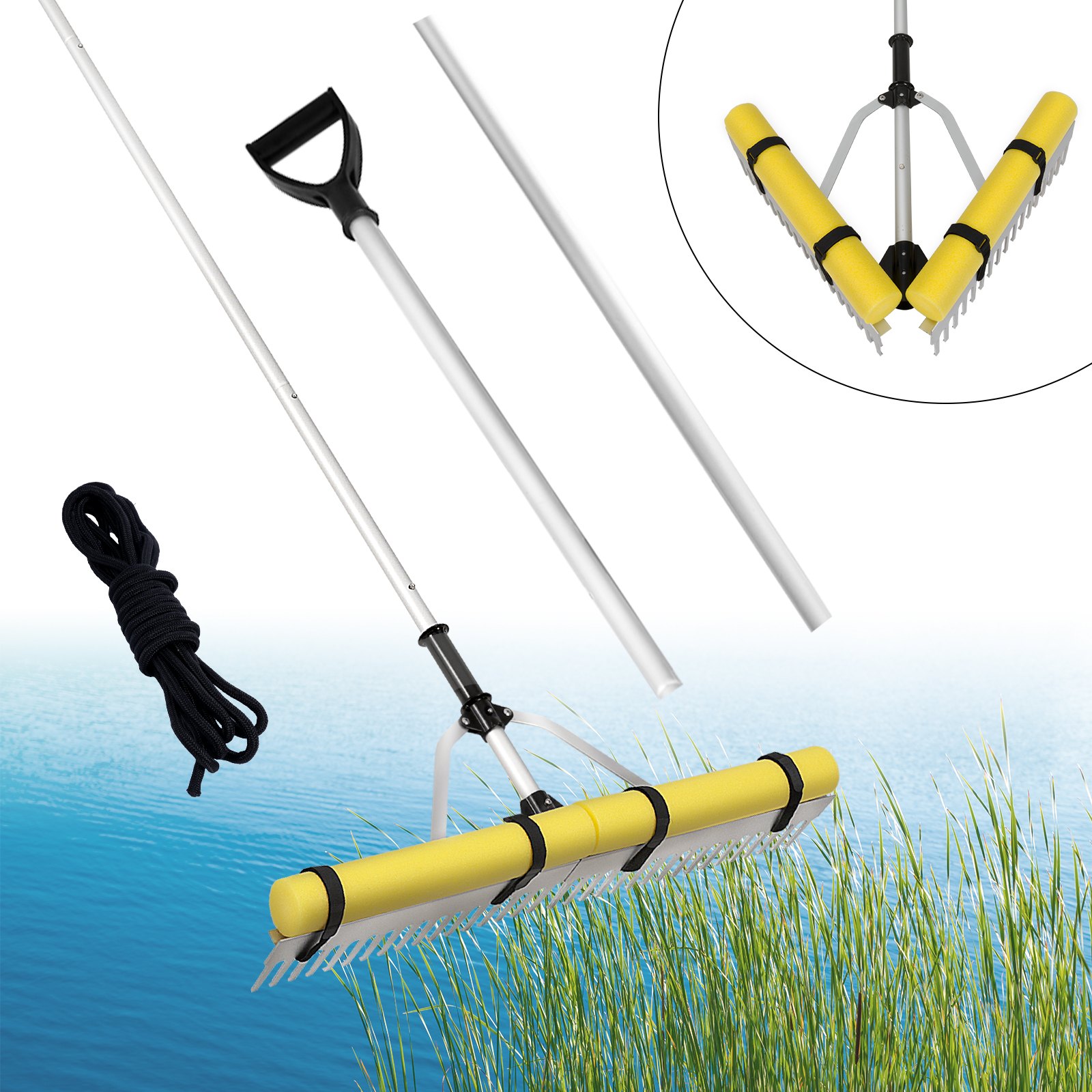 Landscape Rake, 36" Head Aluminum Landscape Rake, Lake Weed Rake with 102.36" Adjustable Extension Handle, Rope and Float, for Loosening Soil, Lawn Care, Weeding Lake, Garden, Pond Landscape Rake, 36" Head Aluminum Landscape Rake, Lake Weed Rake with 102.36" Adjustable Extension Handle, Rope and Float, for Loosening Soil, Lawn Care, Weeding Lake, Garden, Pond