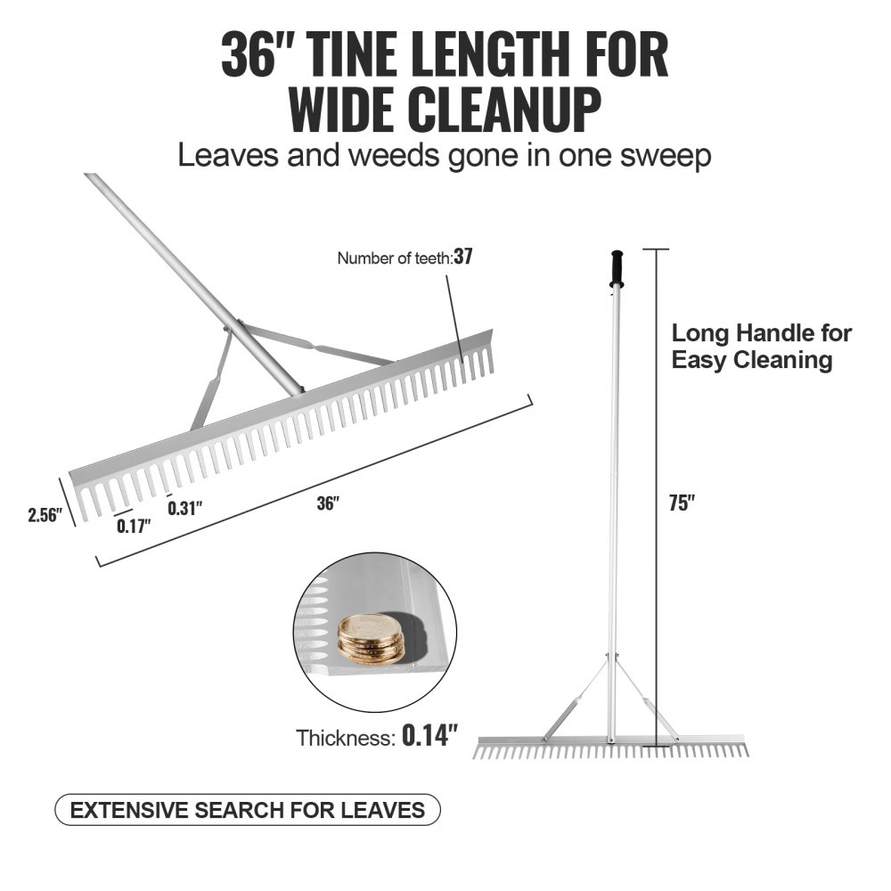 Landscape Rake, 36" Head Aluminum Landscape Rake, Lake Weed Rake with 75" Long Handle, for Loosening Soil, Lawn Care, Weeding Lake, Garden, Pond Landscape Rake, 36" Head Aluminum Landscape Rake, Lake Weed Rake with 75" Long Handle, for Loosening Soil, Lawn Care, Weeding Lake, Garden, Pond