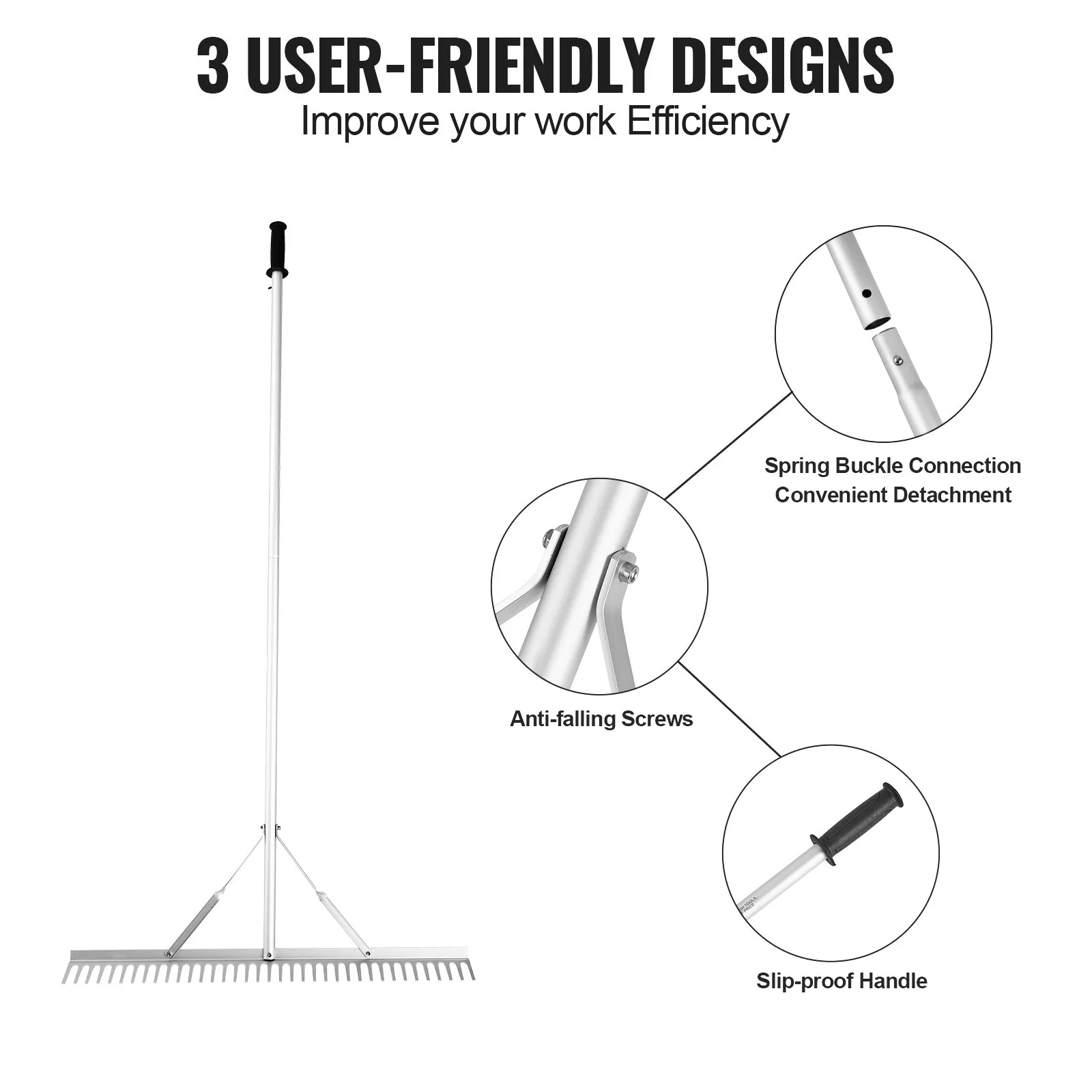 VEVOR Landscape Rake, 915mm Head Aluminum Landscape Rake, Lake Weed Rake with 1915mm Long Handle, for Loosening Soil, Lawn Care, Weeding Lake, Garden, Pond