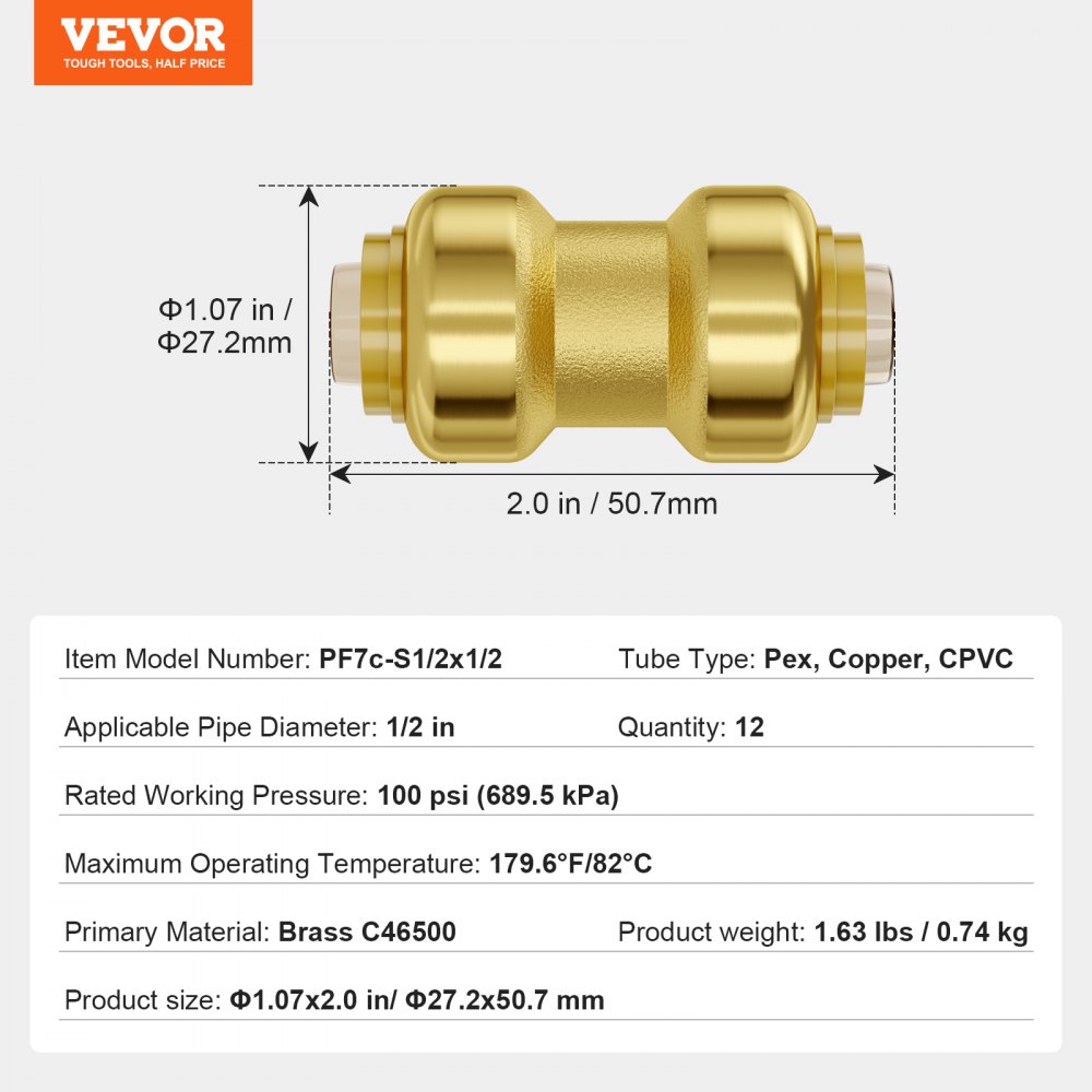 VEVOR Pipe Fittings, 1/2" 12PCS Brass Pipe Fittings, Straight-Through Push-Fit Pipe Connector Brass Air Fittings, Heavy Duty Plumbing Fittings Adapter for Heating/Shower Systems, Water Pipes