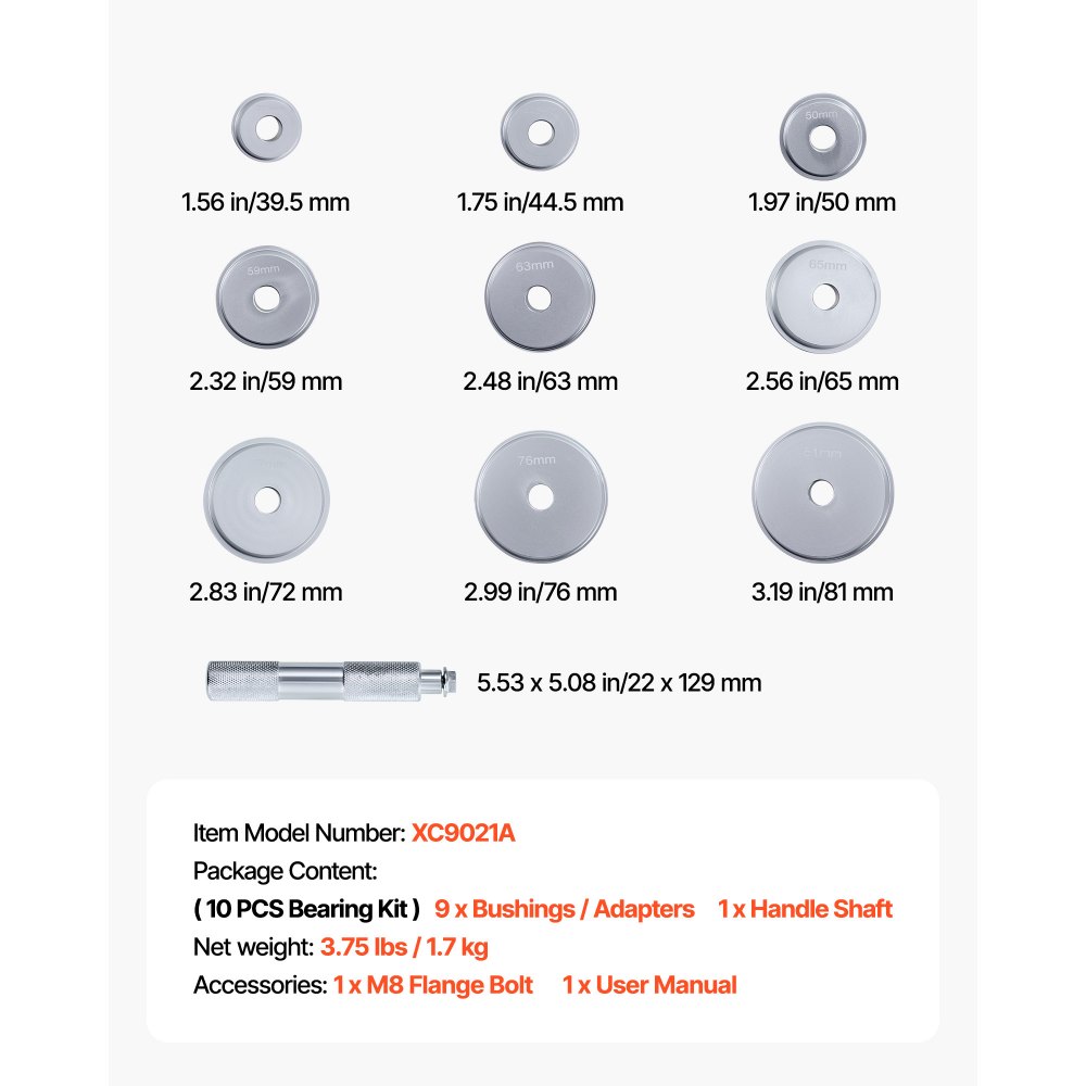 VEVOR Bearing Press Kit, 10 Pcs, Bearing Race and Seal Driver Set with 9 Bushings and Handle Shaft, Bushing Driver Tool Set, Heavy Duty Aluminum Alloy Removal Installation Tool Kit with Storage Case