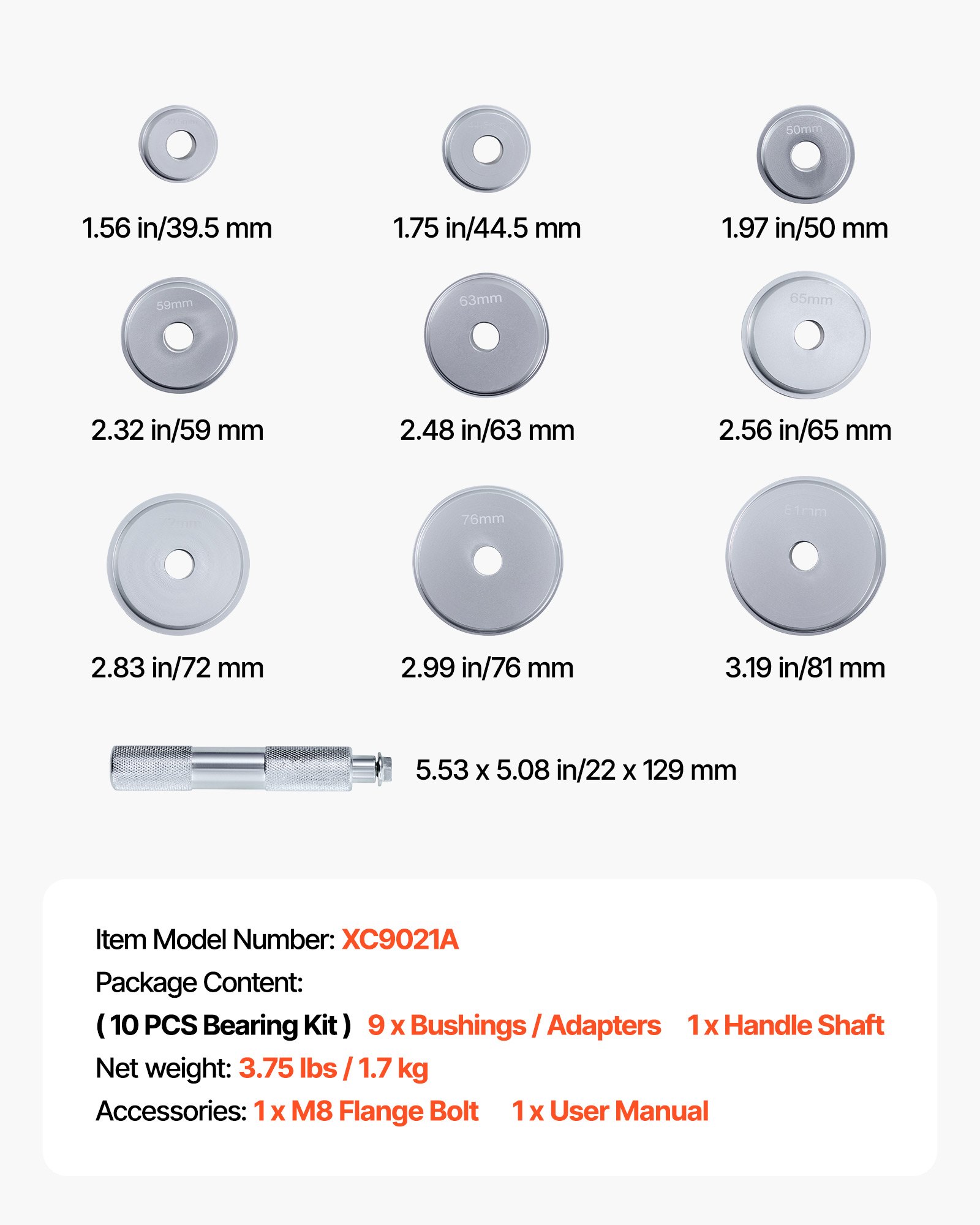 VEVOR Bearing Press Kit, 10 Pcs, Bearing Race and Seal Driver Set with 9 Bushings and Handle Shaft, Bushing Driver Tool Set, Heavy Duty Aluminum Alloy Removal Installation Tool Kit with Storage Case