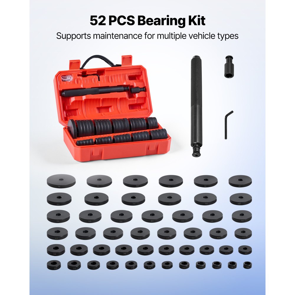VEVOR Bearing Press Kit, 52 Pcs, Bearing Race and Seal Driver Set with 49 Bushings and Handle Shaft, Bushing Driver Tool Set, Heavy Duty Carbon Steel Removal Installation Tool Kit with Storage Case