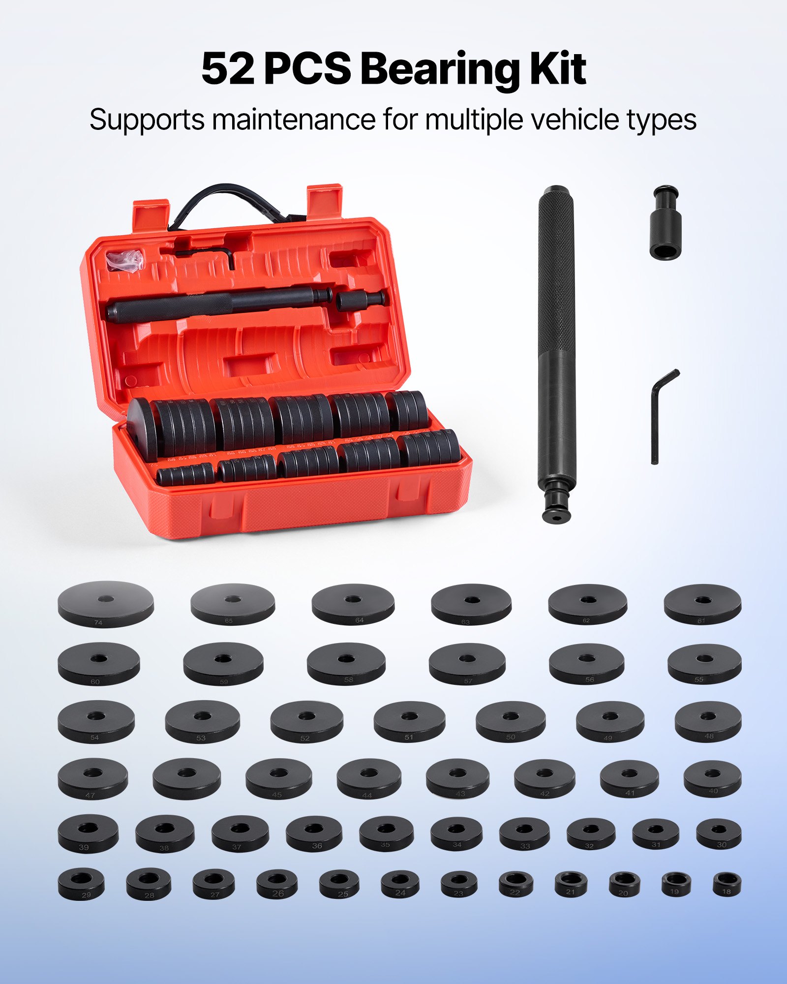 VEVOR Bearing Press Kit, 52 Pcs, Bearing Race and Seal Driver Set with 49 Bushings and Handle Shaft, Bushing Driver Tool Set, Heavy Duty Carbon Steel Removal Installation Tool Kit with Storage Case