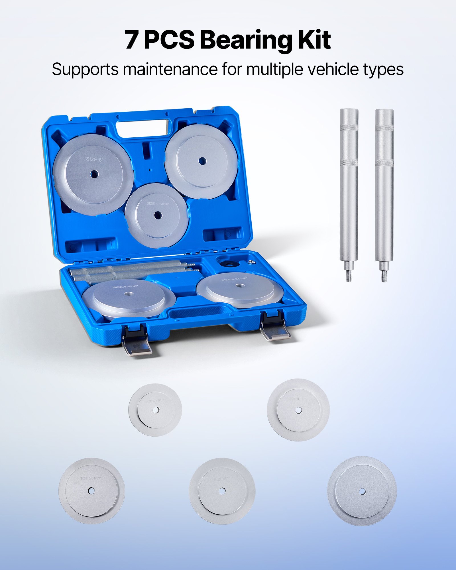 VEVOR Bearing Press Kit, 7 Pcs, Bearing Race and Seal Driver Set with 5 Bushings, Handle Shaft and Extension Rod, Bushing Driver Tool Set, Heavy Duty Removal Installation Tool Kit with Storage Case