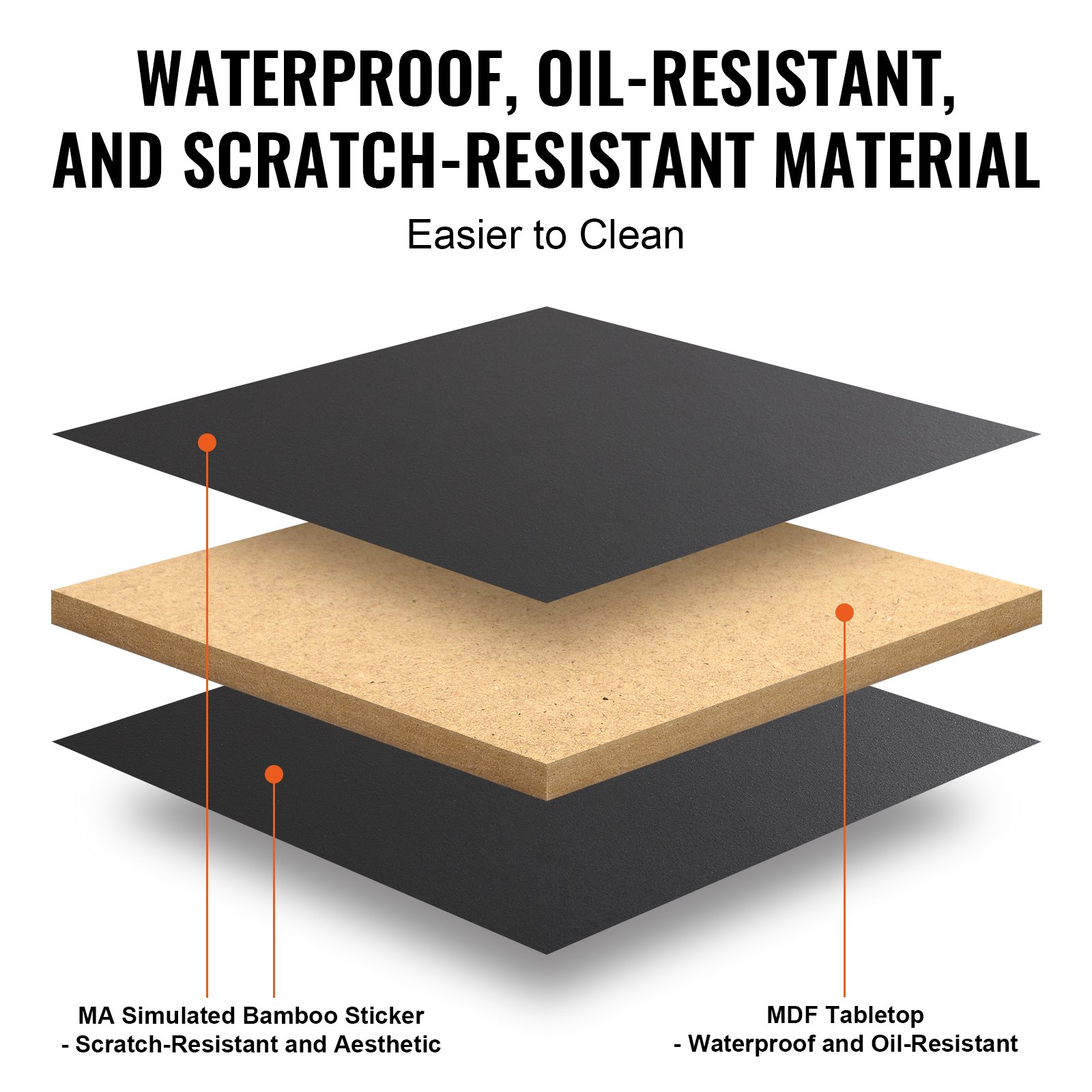 VEVOR bed tray table layers: top scratch-resistant bamboo sticker, mdf tabletop, bottom protective layer.
