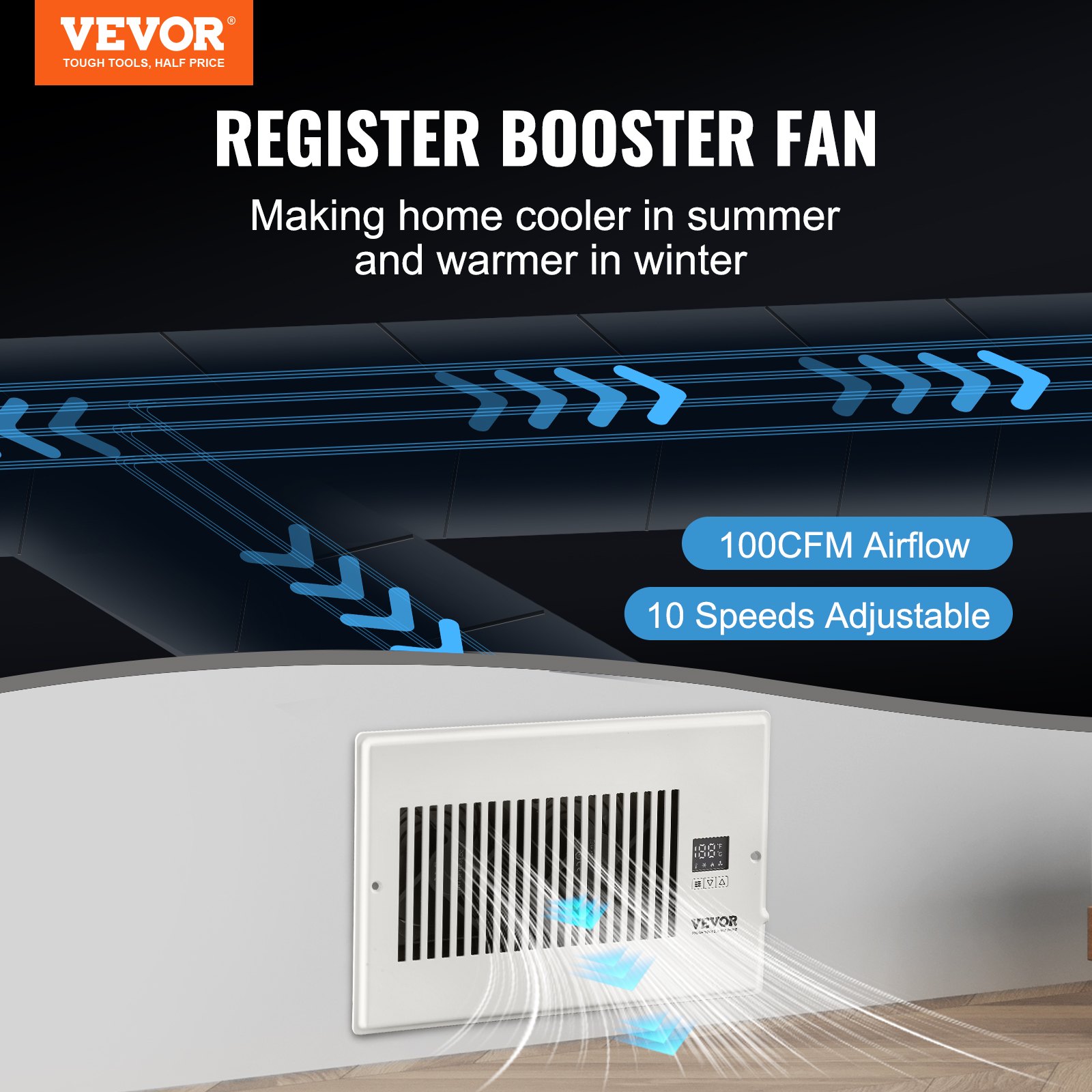 VEVOR Register Booster Fan, Quiet Vent Booster Fan Fits 6 x 10 inch Holes, with Remote Control and Thermostat Control, Adjustable Speed for Heating Cooling Smart Vent, White