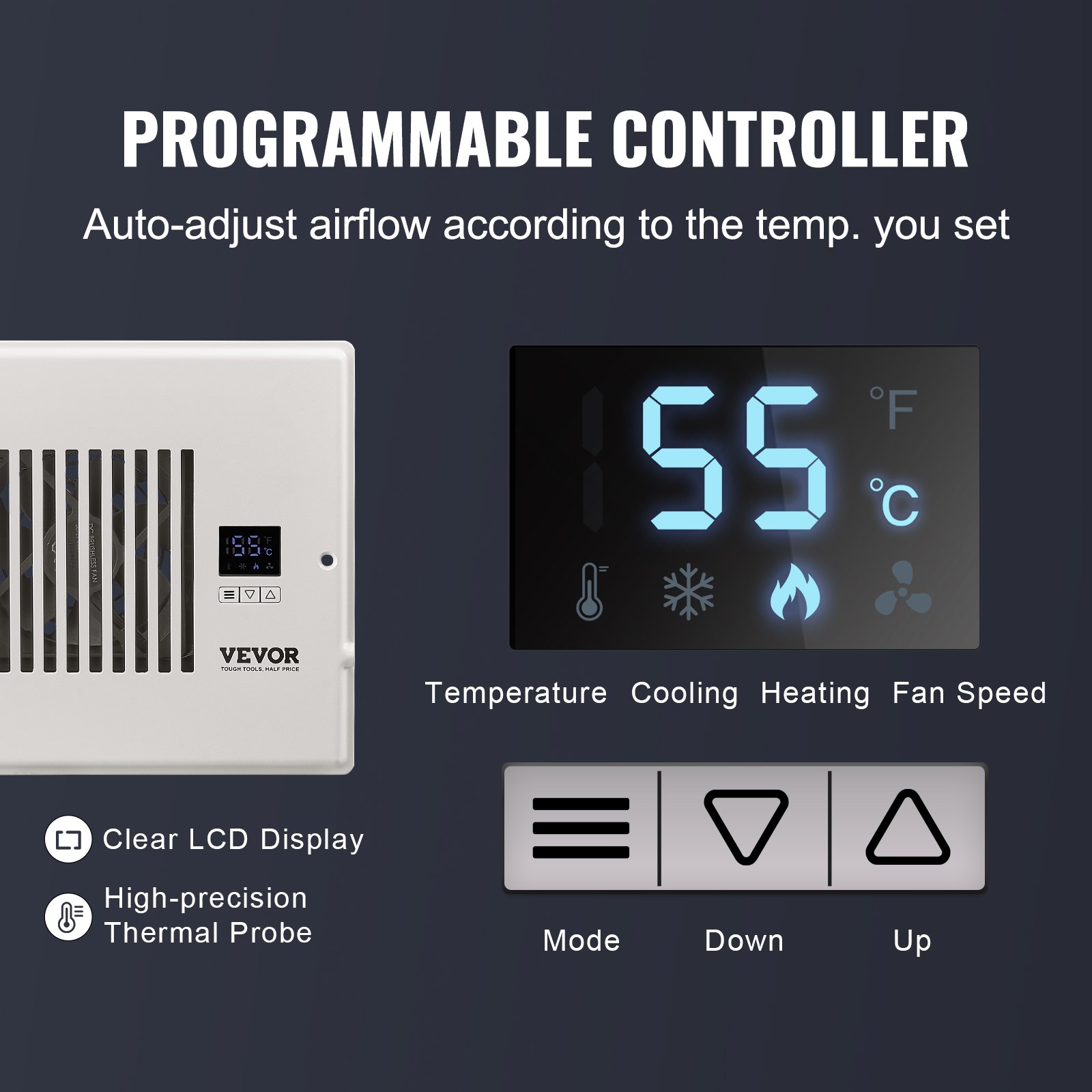 VEVOR Register Booster Fan, Quiet Vent Booster Fan Fits 6 x 10 inch Holes, with Remote Control and Thermostat Control, Adjustable Speed for Heating Cooling Smart Vent, White