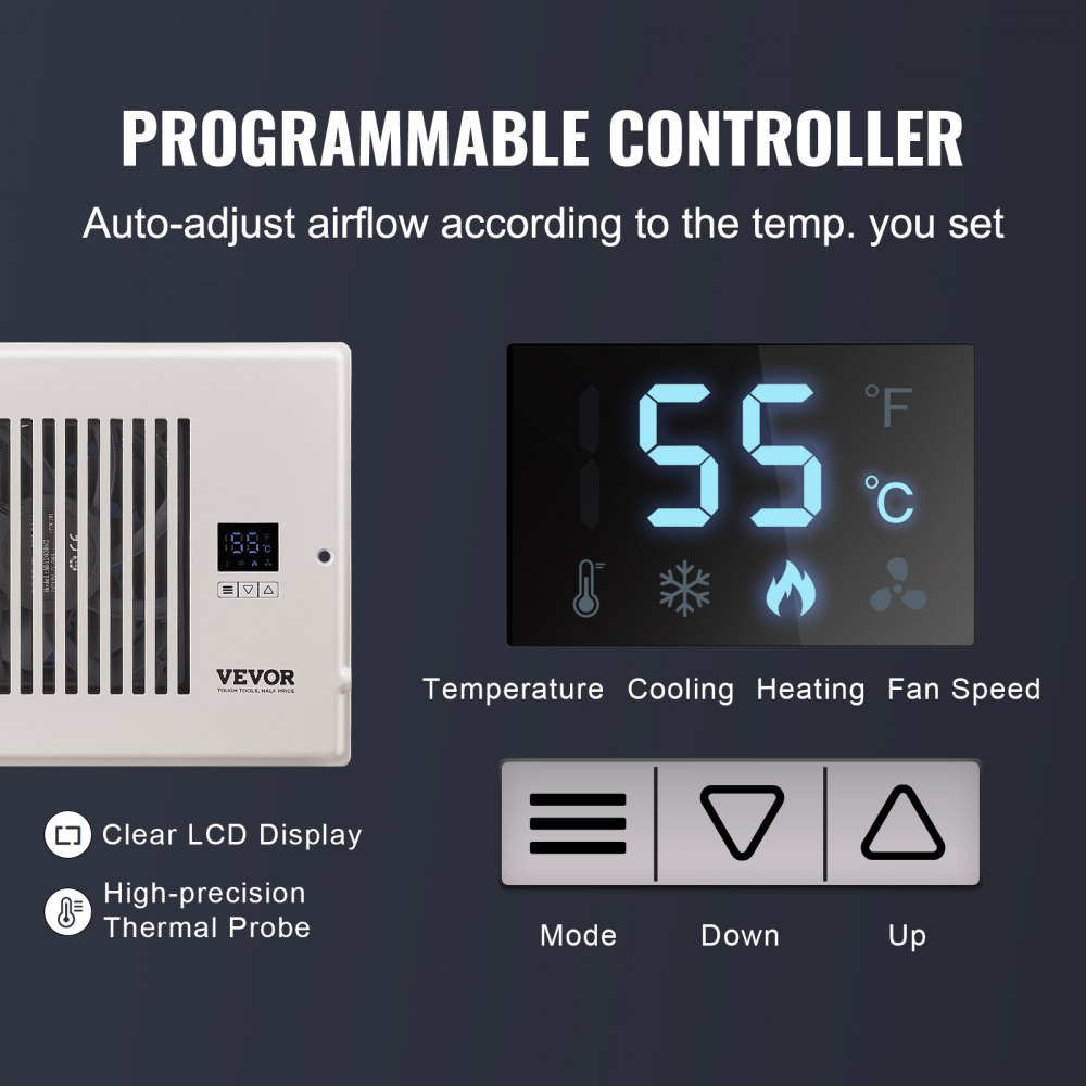 VEVOR Register Booster Fan, Quiet Vent Booster Fan Fits 6 x 12 inch Holes, with Remote Control and Thermostat Control, Adjustable Speed for Heating Cooling Smart Vent, White