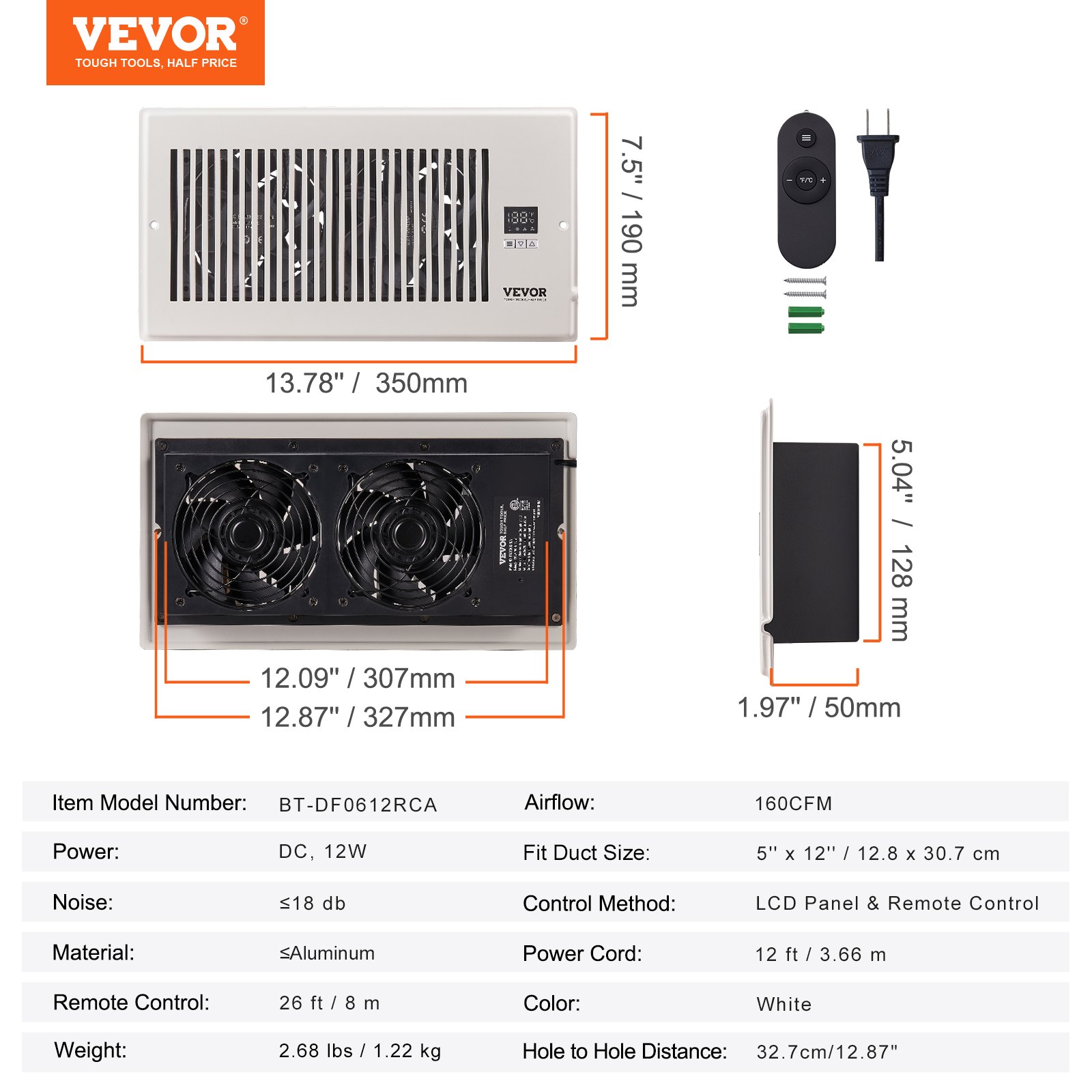 VEVOR Register Booster Fan, Quiet Vent Booster Fan Fits 6 x 12 inch Holes, with Remote Control and Thermostat Control, Adjustable Speed for Heating Cooling Smart Vent, White
