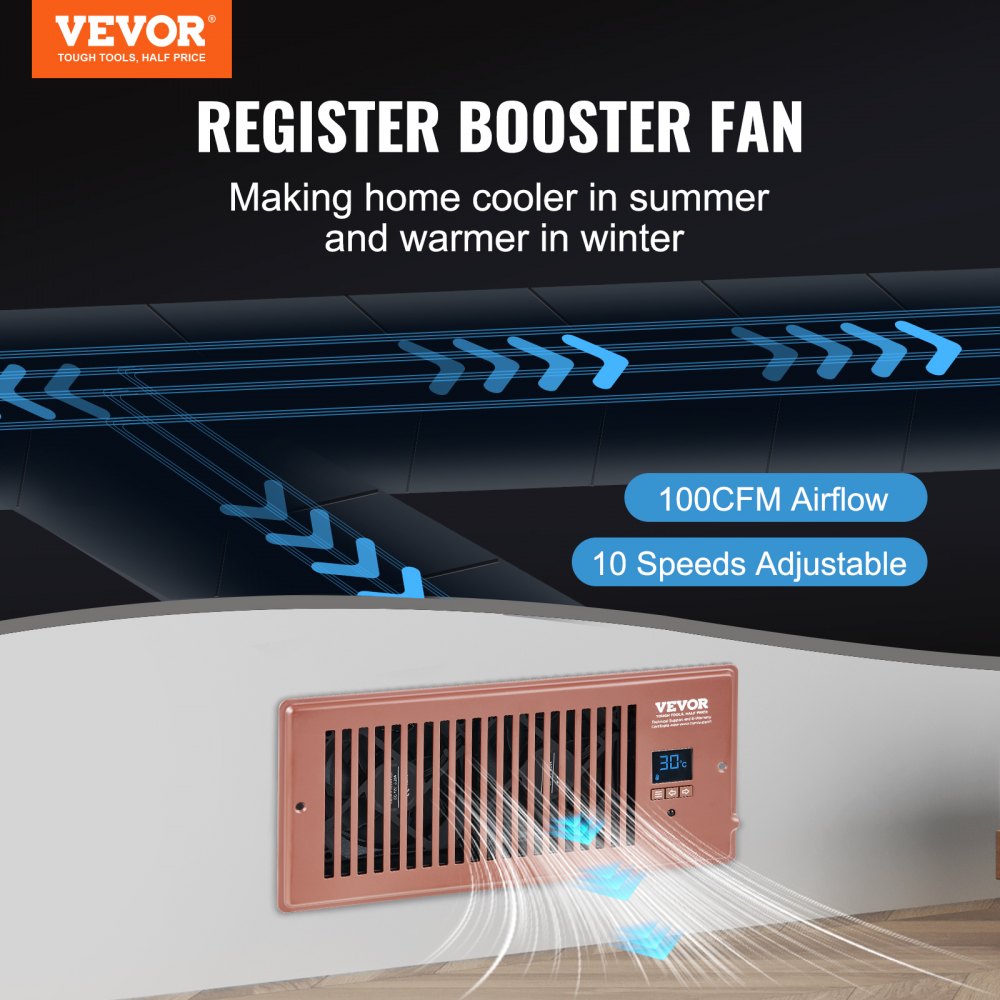 VIVOSUN Quiet Register Booster Fan 4”×10”, Smart Register Vent with  Intelligent Thermostat Control, Cooling Heating AC Vent Booster Fan, Brown