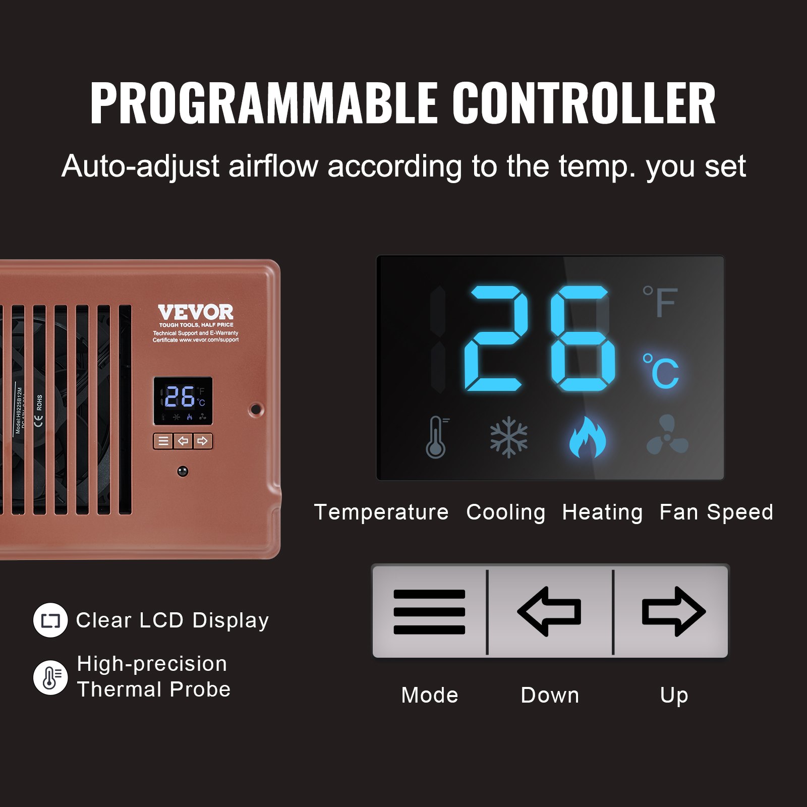 VEVOR Register Booster Fan, Quiet Vent Booster Fan Fits 4” x 10” Register Holes, with Remote Control and Thermostat Control, Adjustable Speed for Heating Cooling Smart Vent, Brown