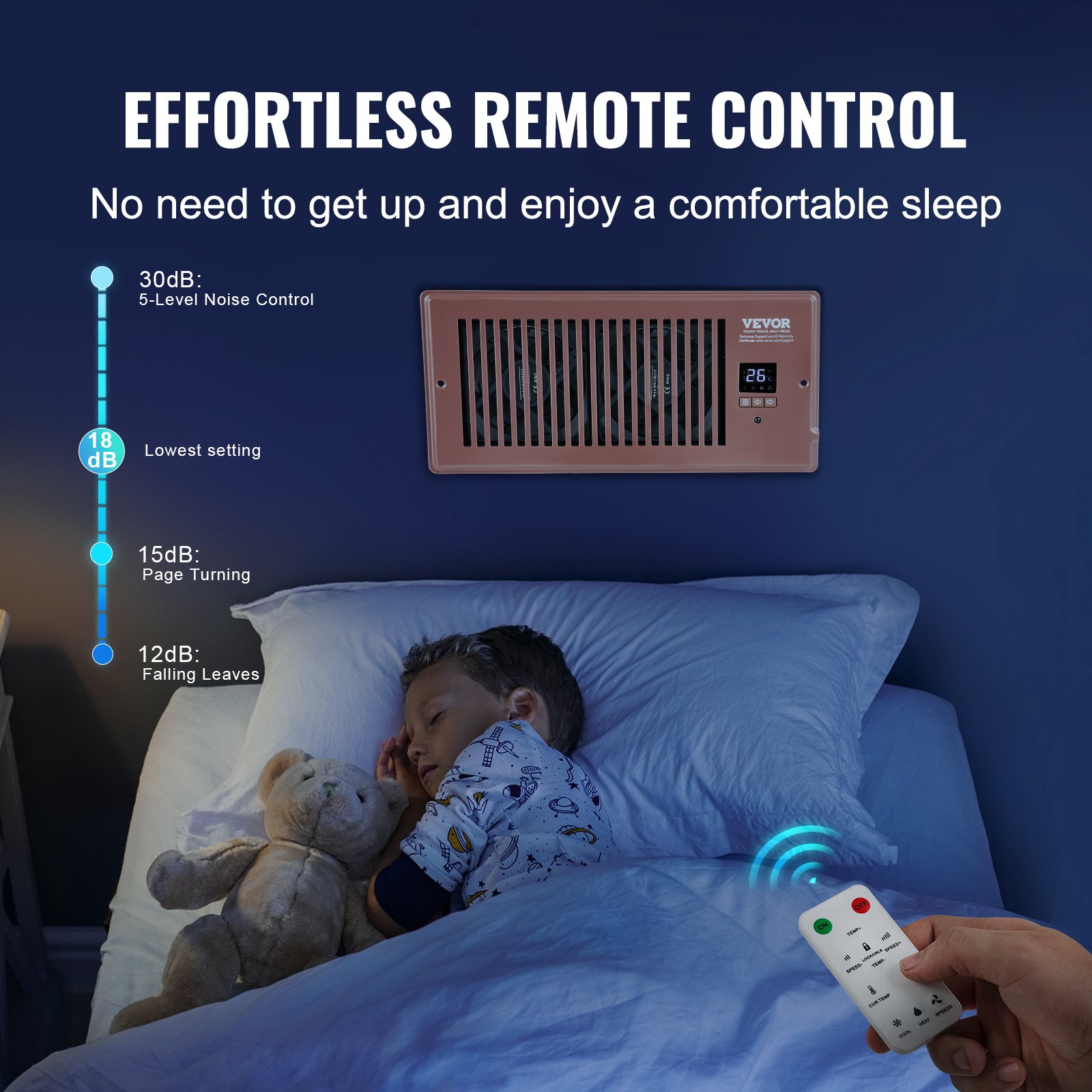 VEVOR Register Booster Fan, Quiet Vent Booster Fan Fits 4” x 10” Register Holes, with Remote Control and Thermostat Control, Adjustable Speed for Heating Cooling Smart Vent, Brown
