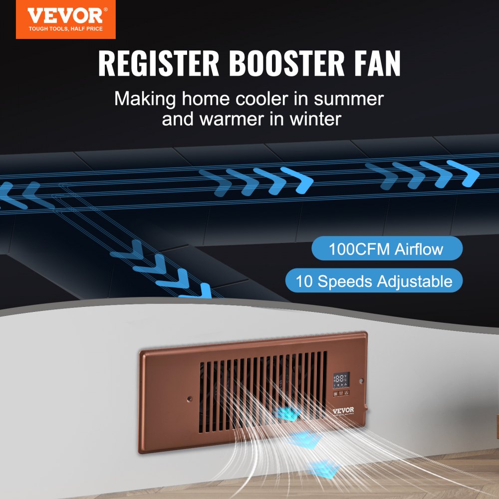VEVOR Register Booster Fan, Quiet Vent Booster Fan Fits 4” x 12” Register Holes, with Remote Control and Thermostat Control, Ad