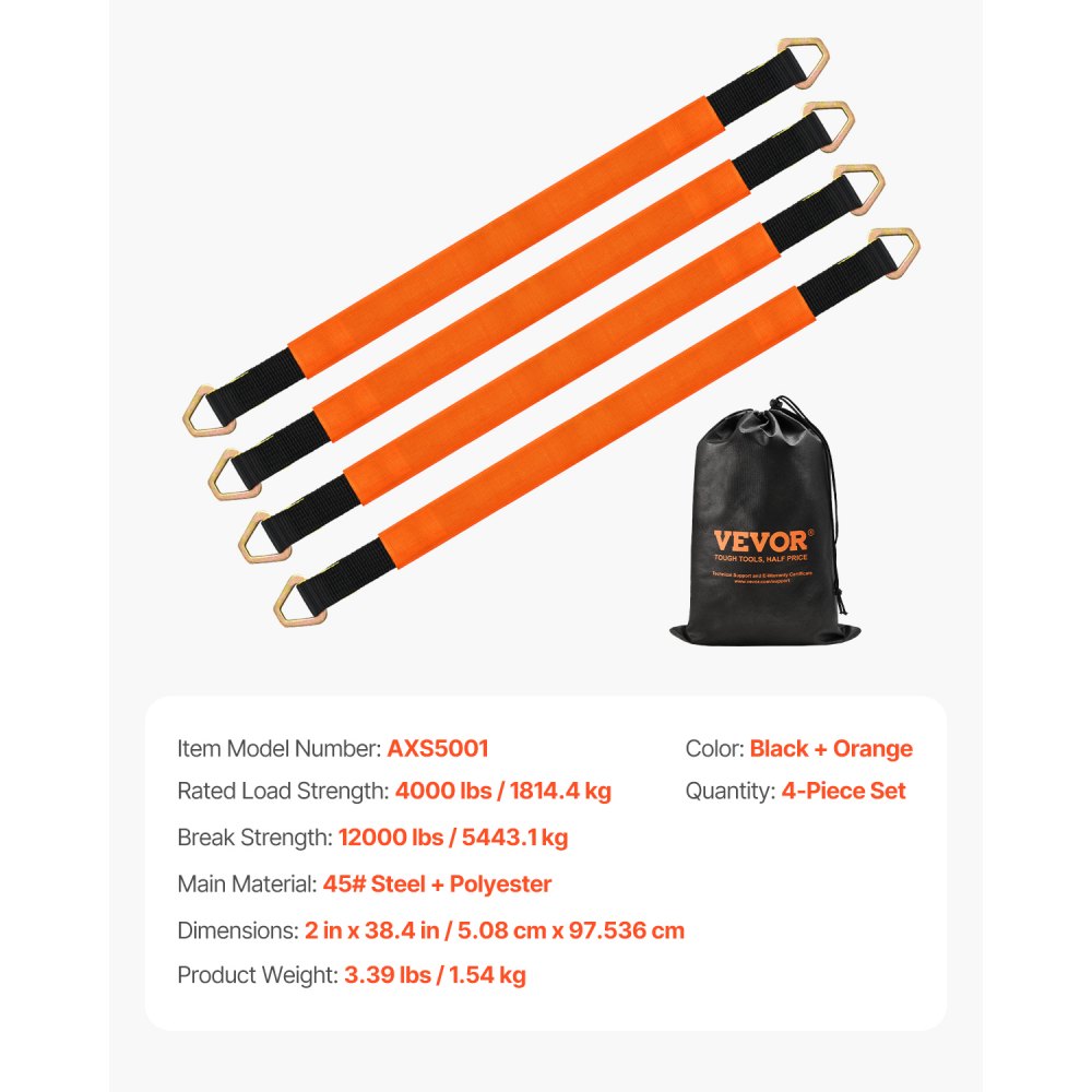 VEVOR Axle Straps, 5.08 cm x 97.536 cm Heavy Duty Axle Tie Down Straps, 5443.1 kg Break Strength Axle Tie Down Straps with D Rings, 4 Pack Heavy Duty Axle Straps, for Car, Trailer, Towing & Hauling