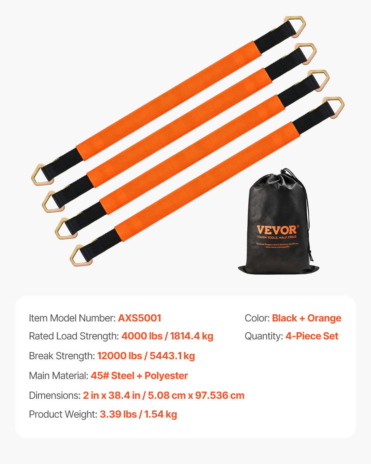 VEVOR Axle Straps, 5.08 cm x 97.536 cm Heavy Duty Axle Tie Down Straps, 5443.1 kg Break Strength Axle Tie Down Straps with D Rings, 4 Pack Heavy Duty Axle Straps, for Car, Trailer, Towing & Hauling