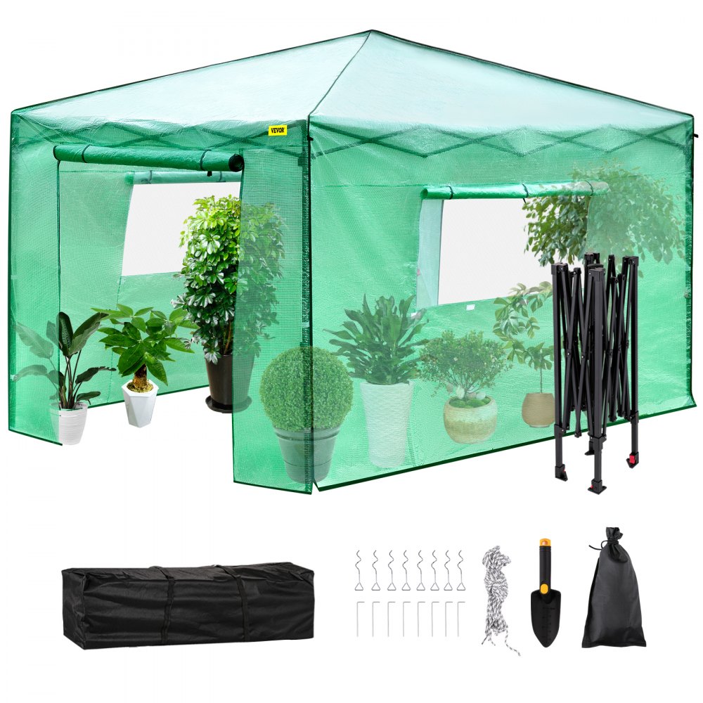 Pochôdzny skleník VEVOR, 12' x 8' vyskakovací skleník, prenosný skleník s dvomi rolovacími dverami a oknami, plastová lopatka, vhodná na pestovanie kvetov, byliniek, skladovanie črepníkov, debničiek, náradia