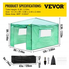 VEVOR 12\'x 8\'x 8\' Pop-Up Greenhouse, Set Up in Minutes, Portable Greenhouse with Doors & Windows. High Strength PE Cover & Powder-Coated Steel Construction