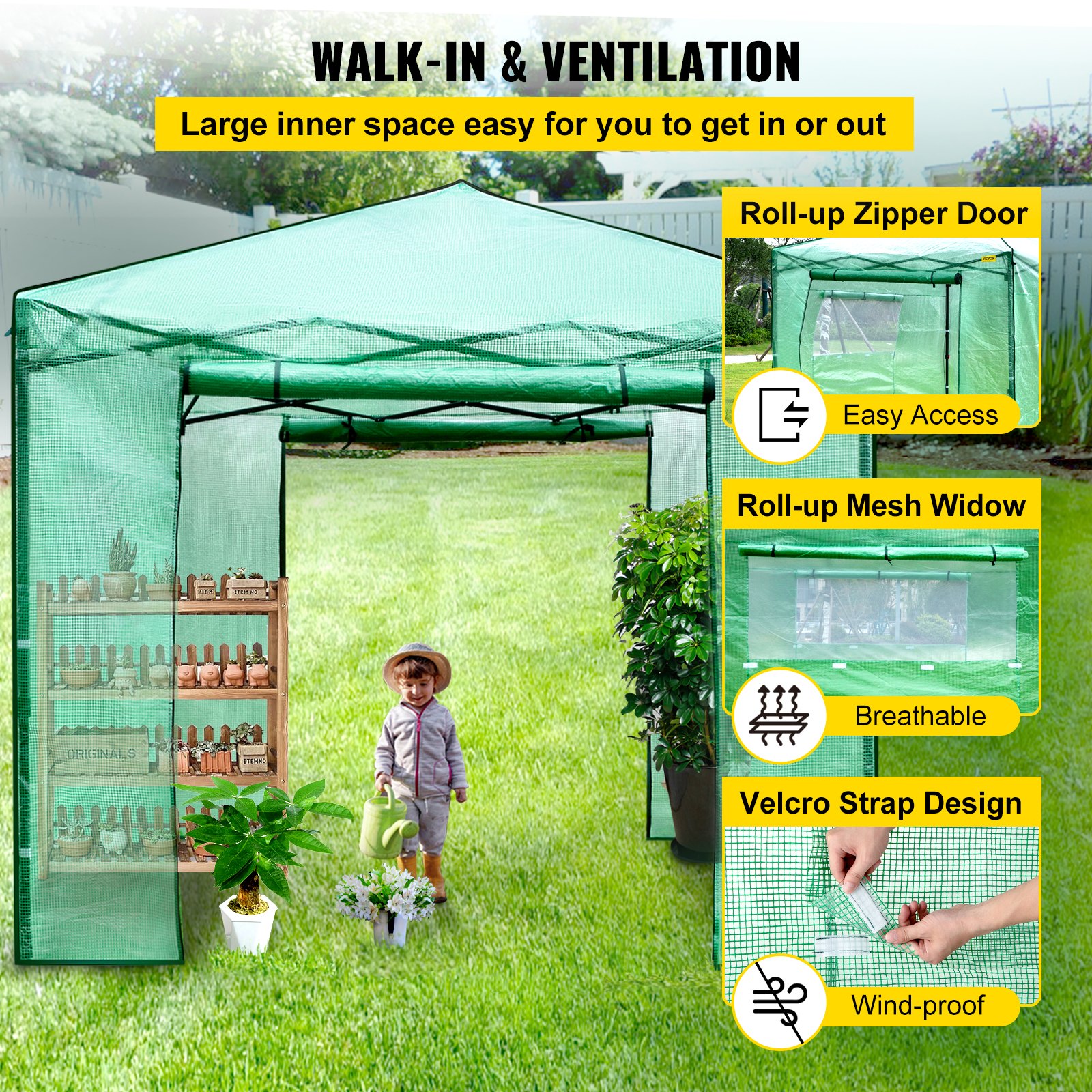 VEVOR 12\'x 8\'x 8\' Pop-Up Greenhouse, Set Up in Minutes, Portable Greenhouse with Doors & Windows. High Strength PE Cover & Powder-Coated Steel Construction