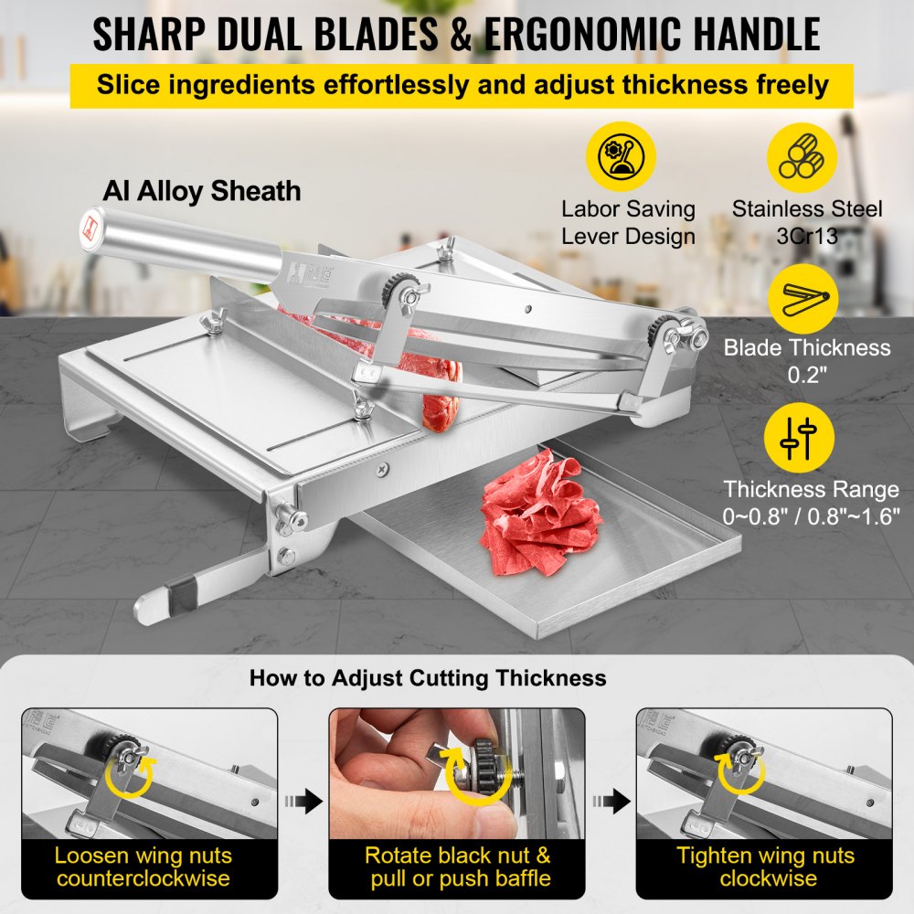VEVOR Meat Bone Cutter Manual Frozen Meat Slicer Stainless Steel Meat Cutter Machine Bone Cutter with 13.5 inch Blade Ribs Chopper with Blade Sharpener & G-Shaped Clamp for Ribs Lamb Chops Spine, etc.