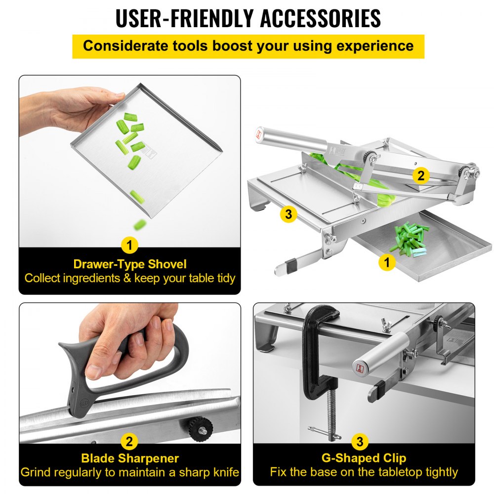 VEVOR Meat Bone Cutter Manual Frozen Meat Slicer Stainless Steel Meat Cutter Machine Bone Cutter with 13.5 inch Blade Ribs Chopper with Blade Sharpener & G-Shaped Clamp for Ribs Lamb Chops Spine, etc.