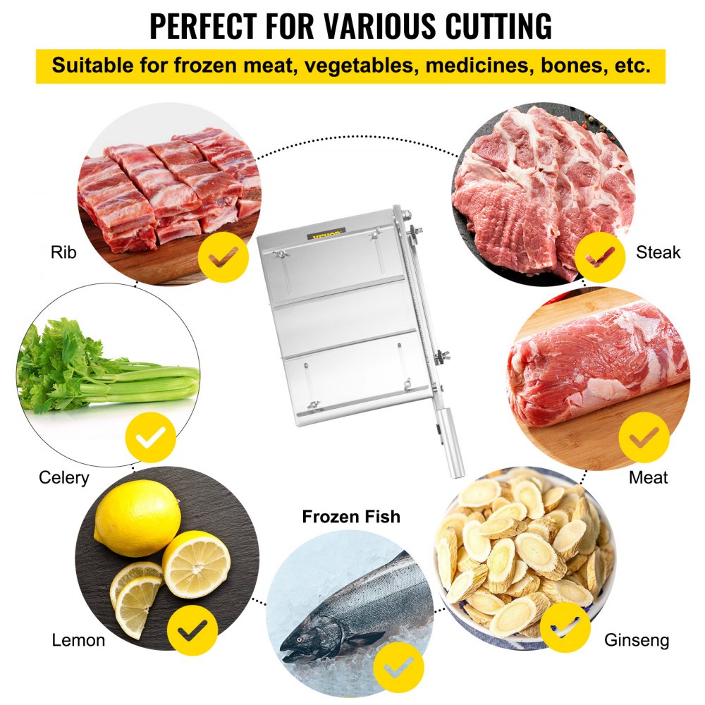 VEVOR Meat Bone Cutter Manual Frozen Meat Slicer Stainless Steel Meat Cutter Machine Bone Cutter with 13.5 inch Blade Ribs Chopper with Blade Sharpener & G-Shaped Clamp for Ribs Lamb Chops Spine, etc.
