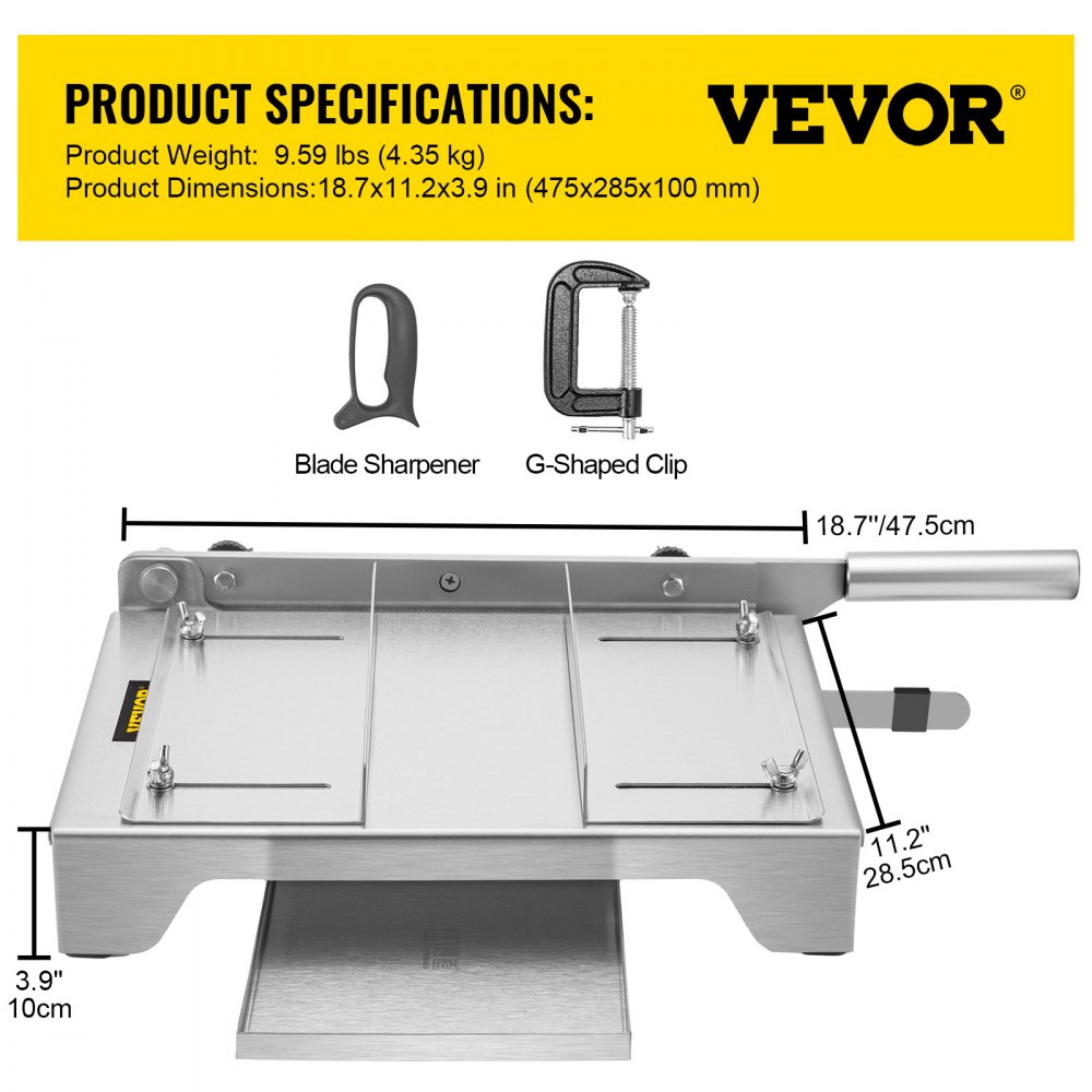 VEVOR Meat Bone Cutter Manual Frozen Meat Slicer Stainless Steel Meat Cutter Machine Bone Cutter with 13.5 inch Blade Ribs Chopper with Blade Sharpener & G-Shaped Clamp for Ribs Lamb Chops Spine, etc.